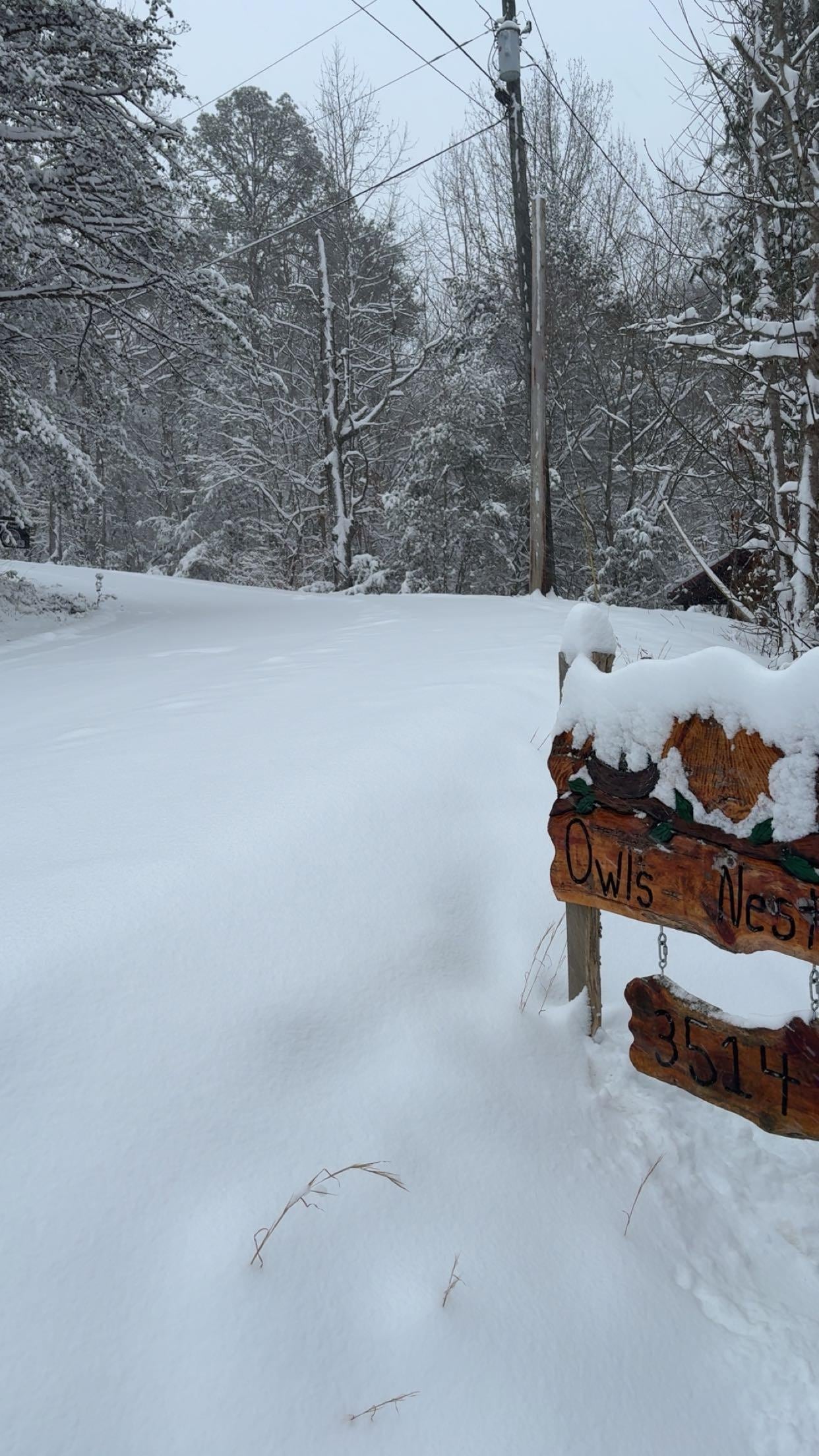 Sign at the drive entrance with snow