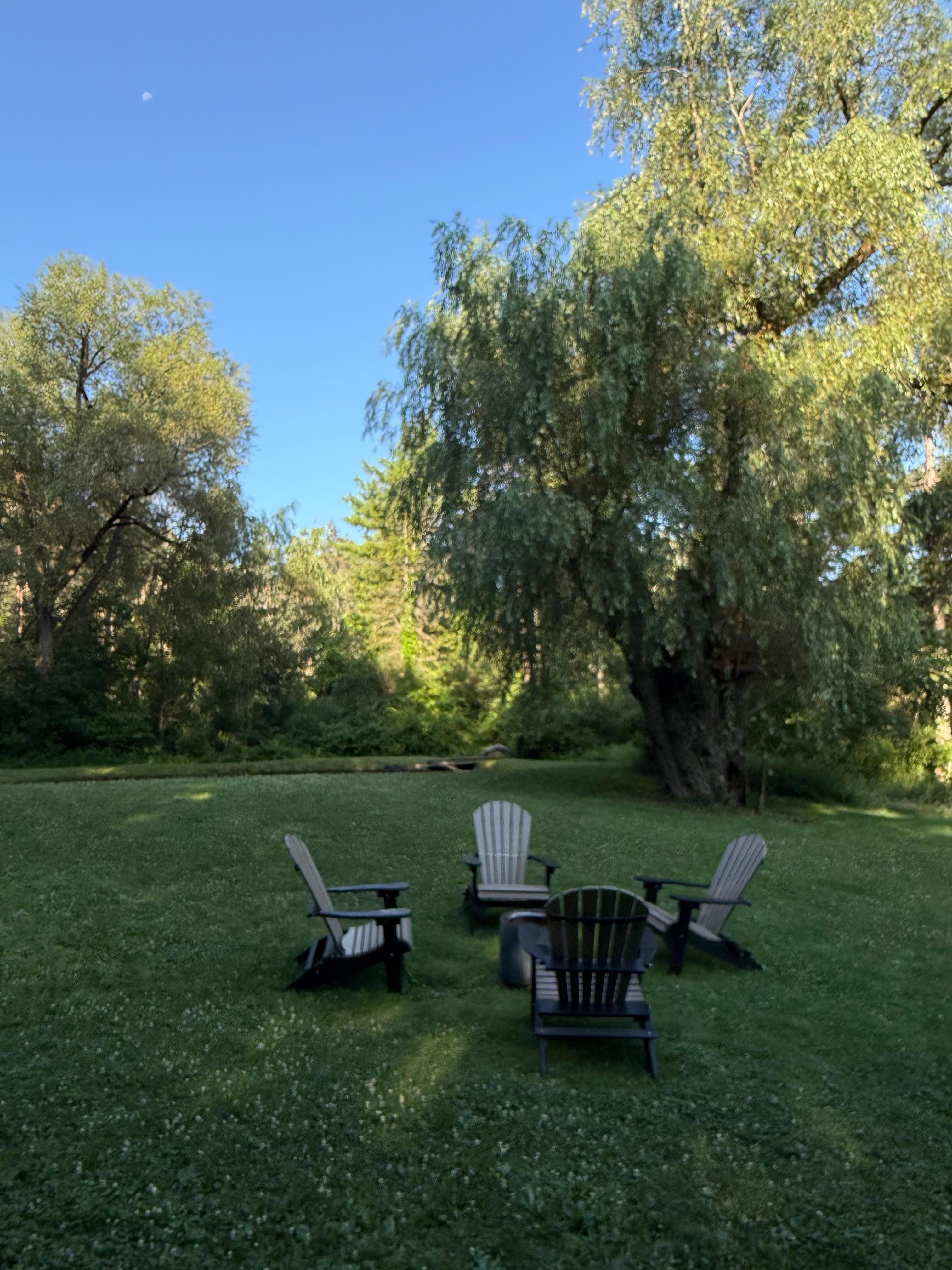 Some of the outdoor chairs near the pond.