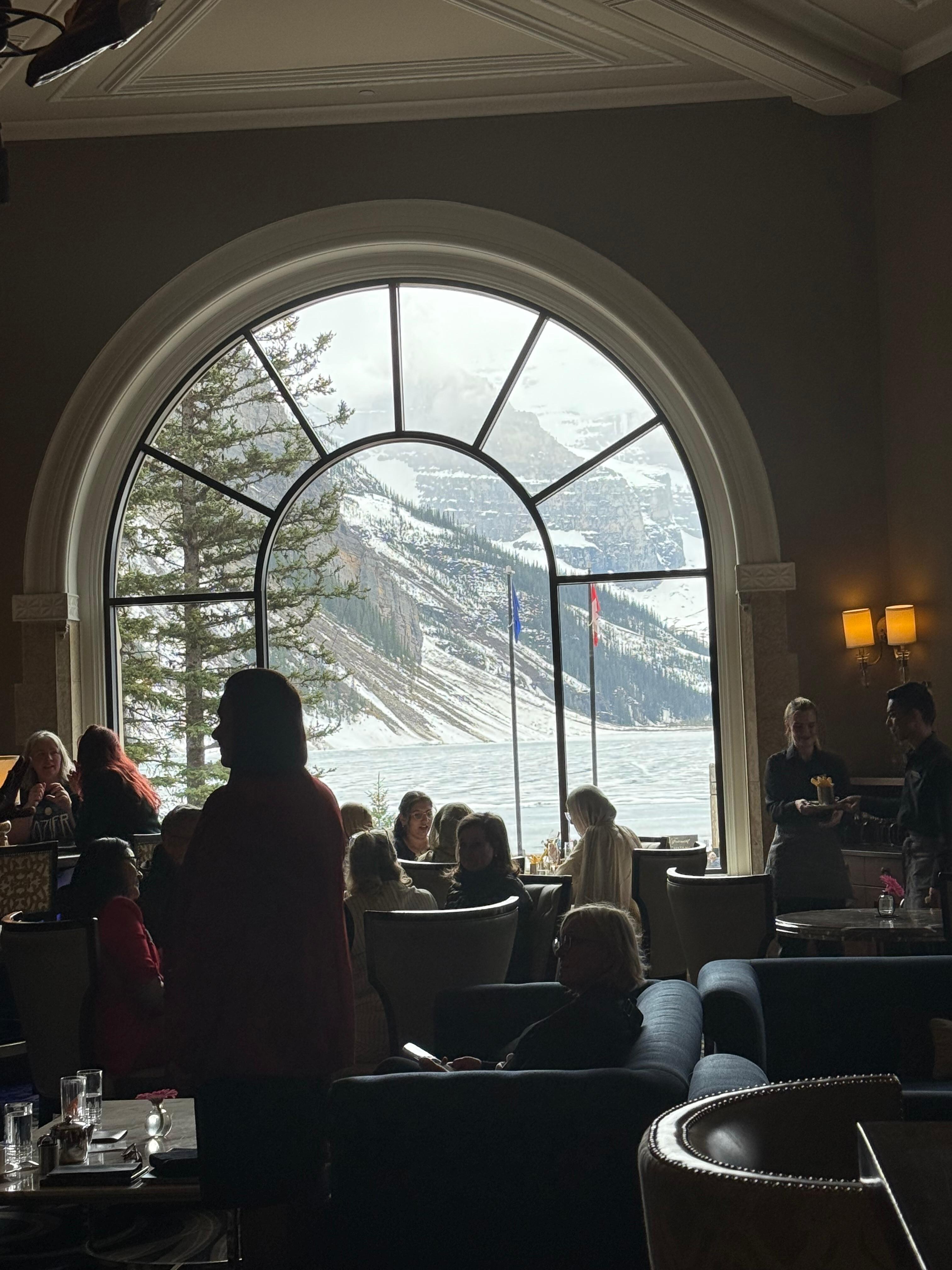 View of the lake and mountains as you eat 