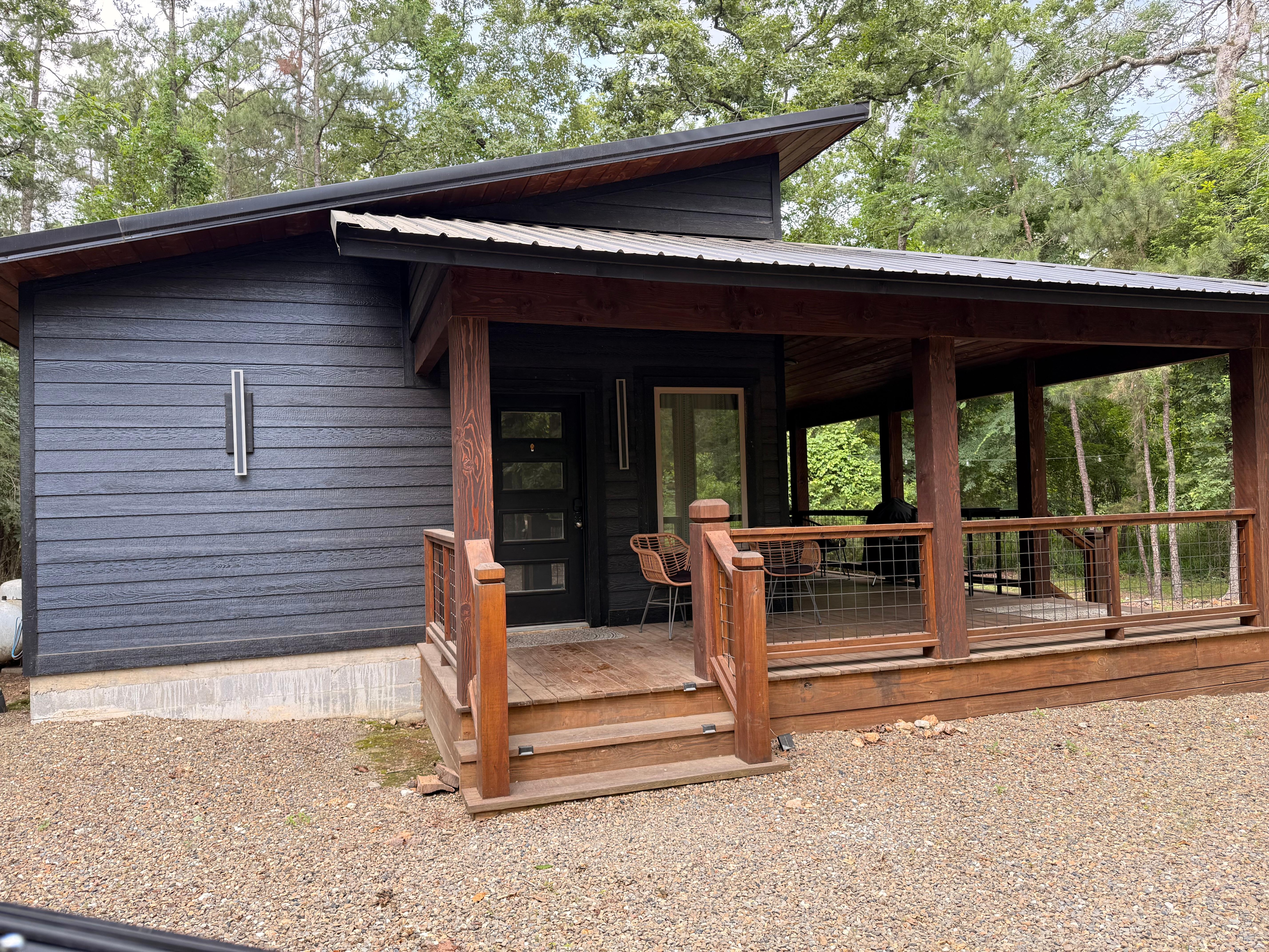Front of cabin.  Plenty of space for two and also cozy!  Plenty of deer roaming around.  Fun watching deer while having coffee on deck.