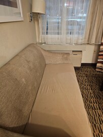 The couch/sleeper sofa in the room