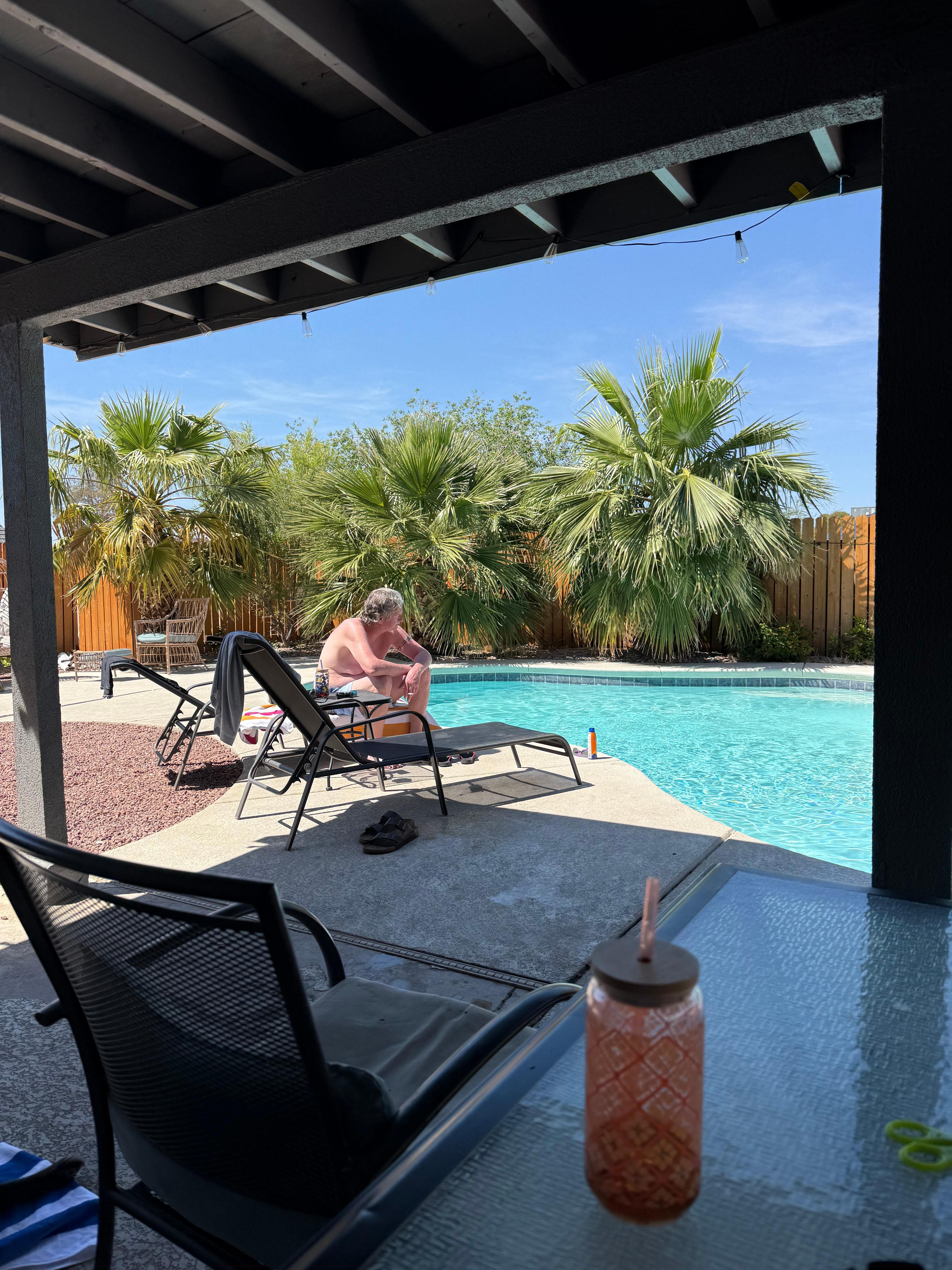 Palms so overgrown can’t walk on that side of pool. 