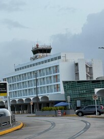 Hotel front as seen from airport parking lot.