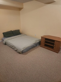 Mattresses on basement floor, dirty dusty stained carpet no-one would sleep there