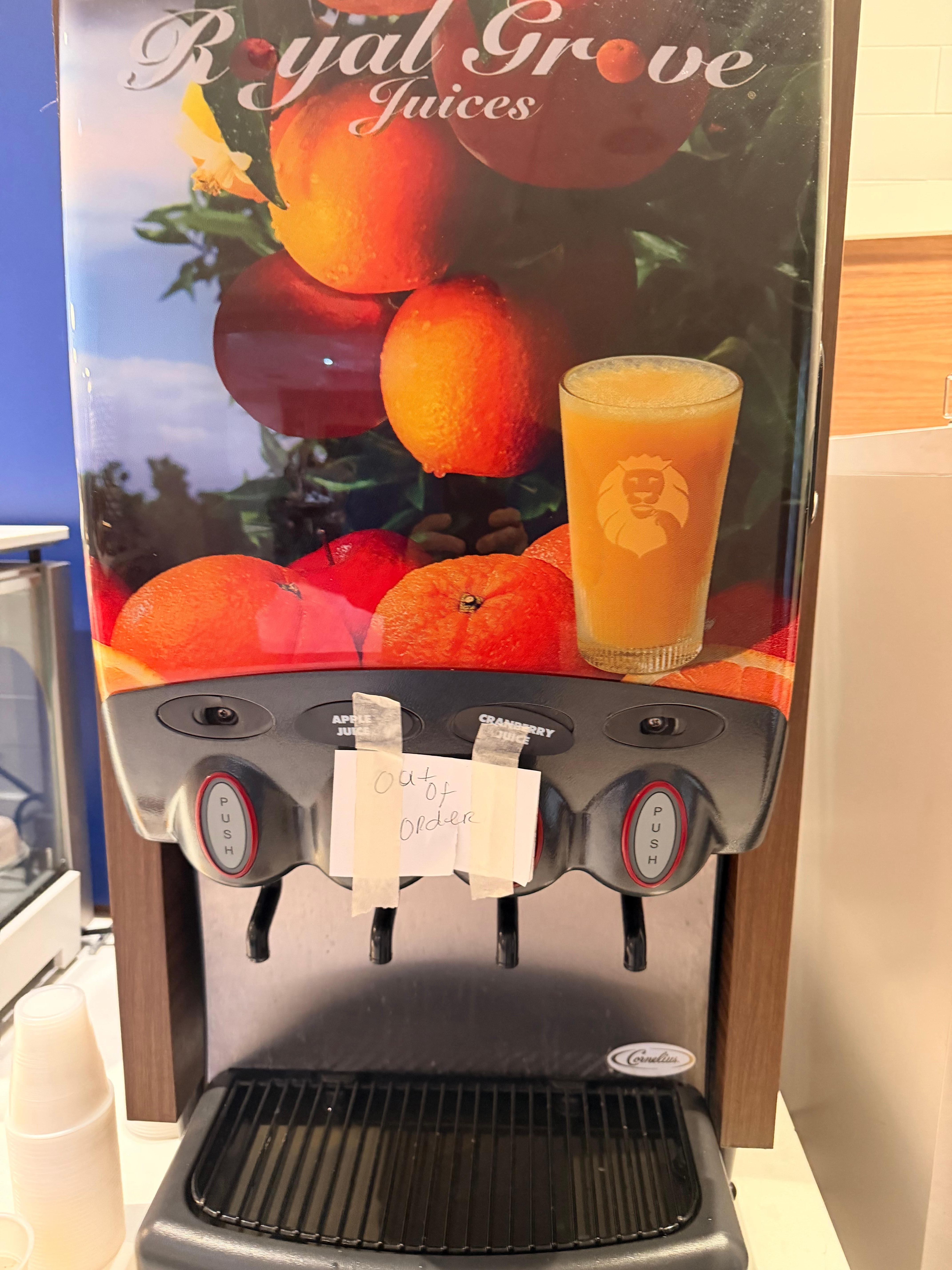 Juice machine is out of order and they have no snacks that you can purchase on site