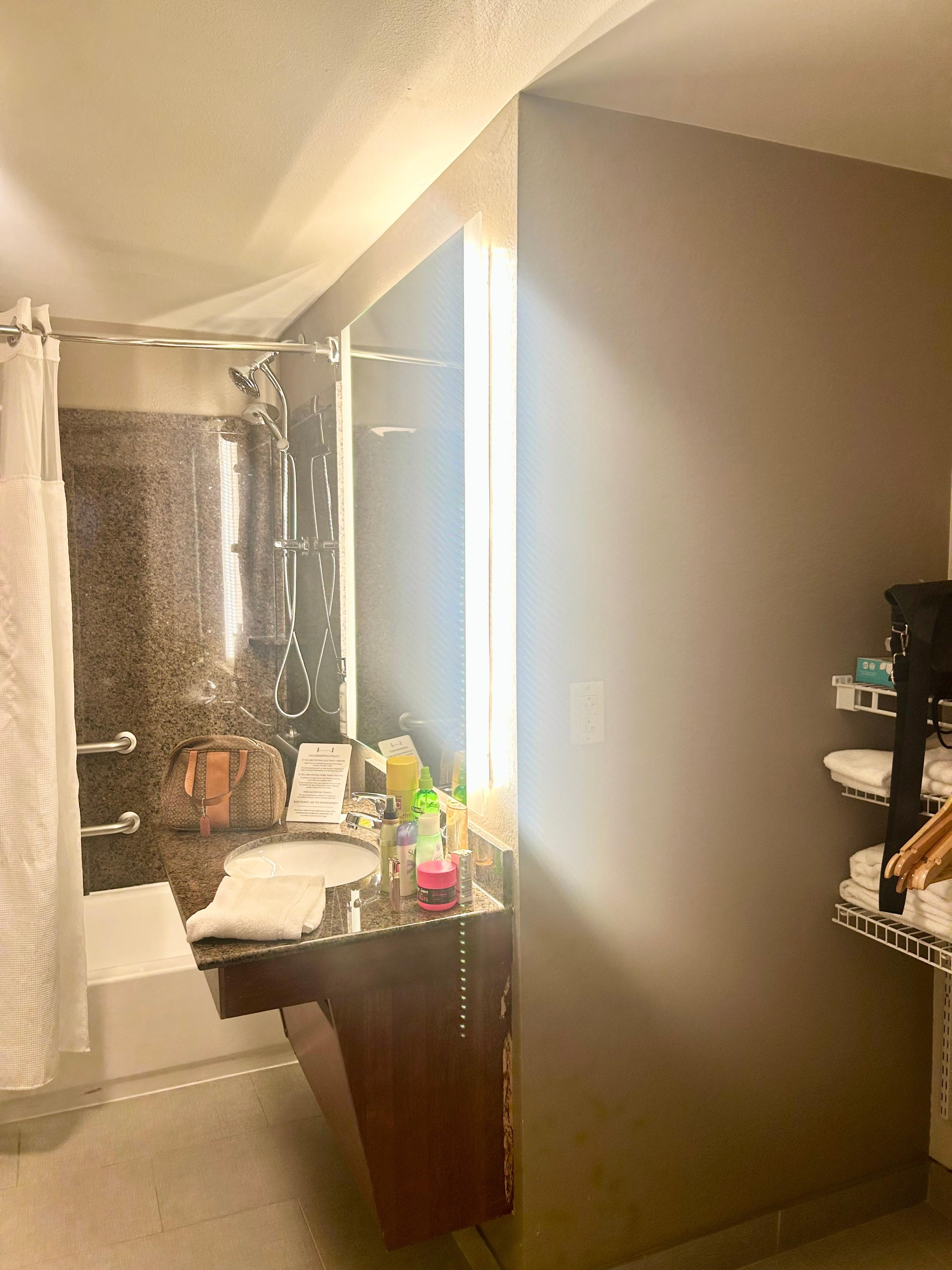 Standard bath is modern; includes hair dryer; iron; and ironing board.