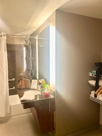 Standard bath is modern; includes hair dryer; iron; and ironing board.