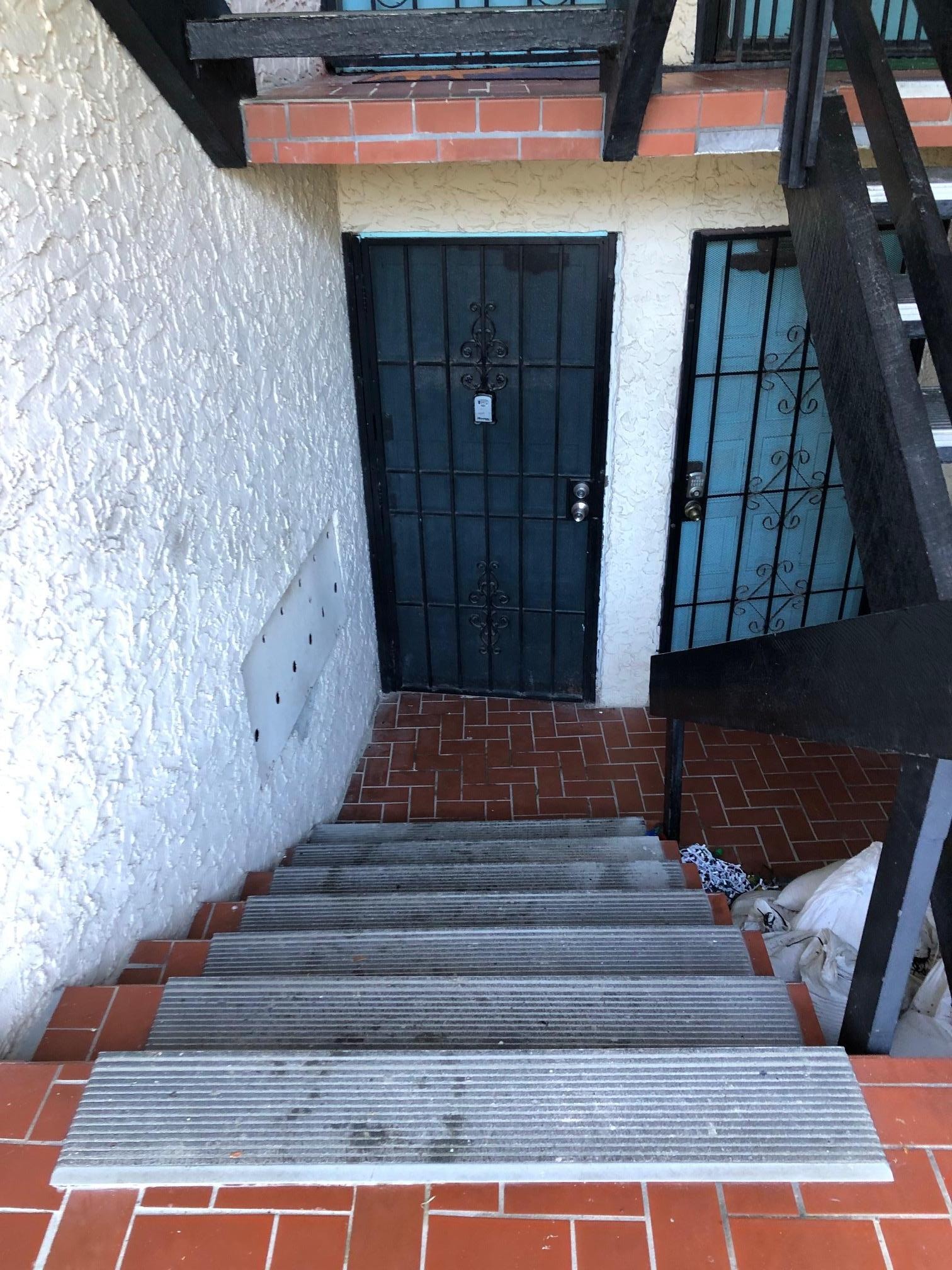 7 Steps down from ground level.