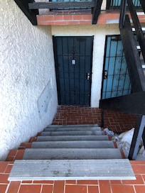 7 Steps down from ground level.