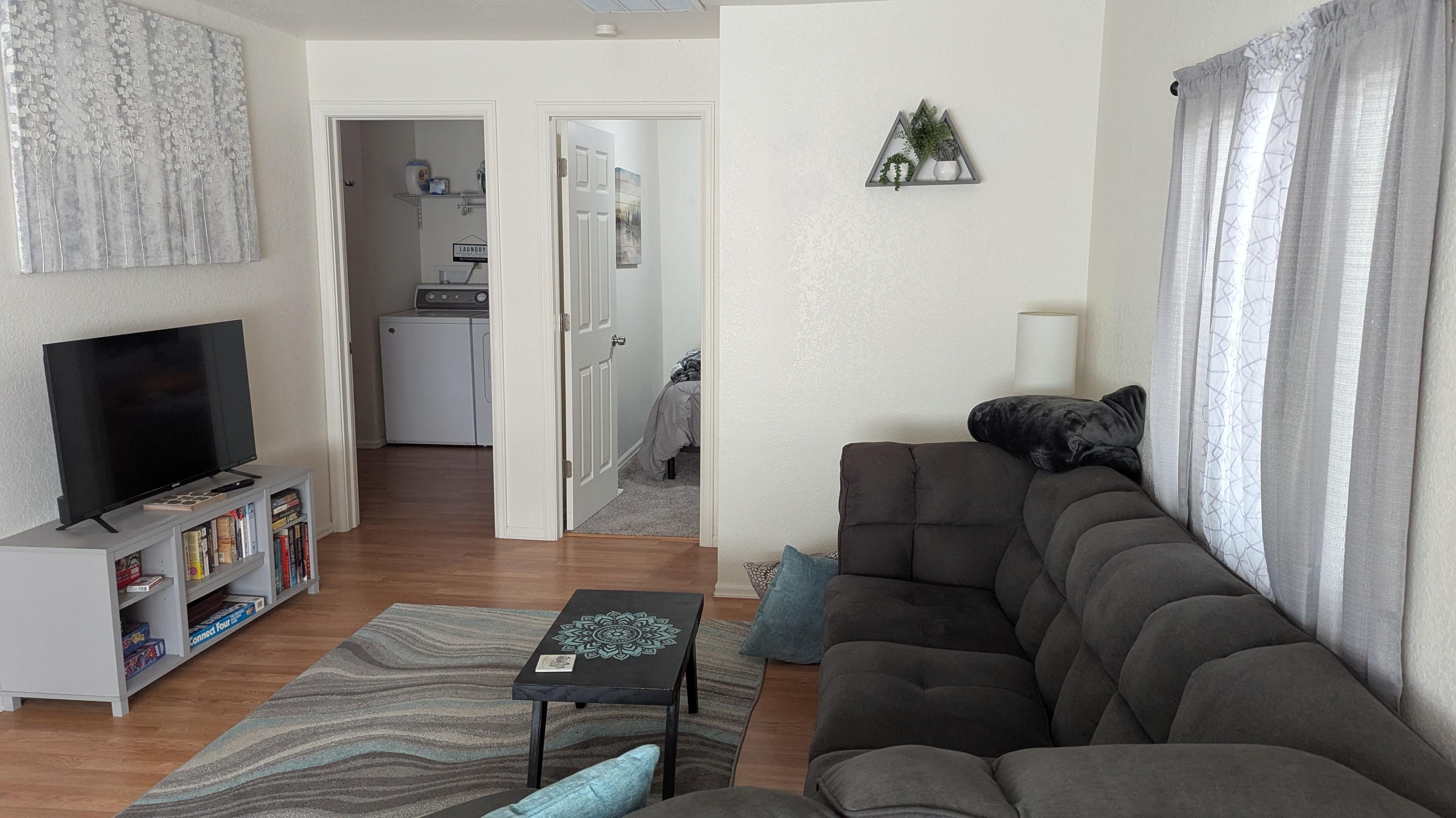 Comfy and there is a washer and dryer in the main bathroom.