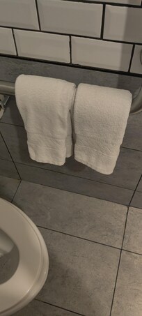 Face towels on grab bar next to toilet