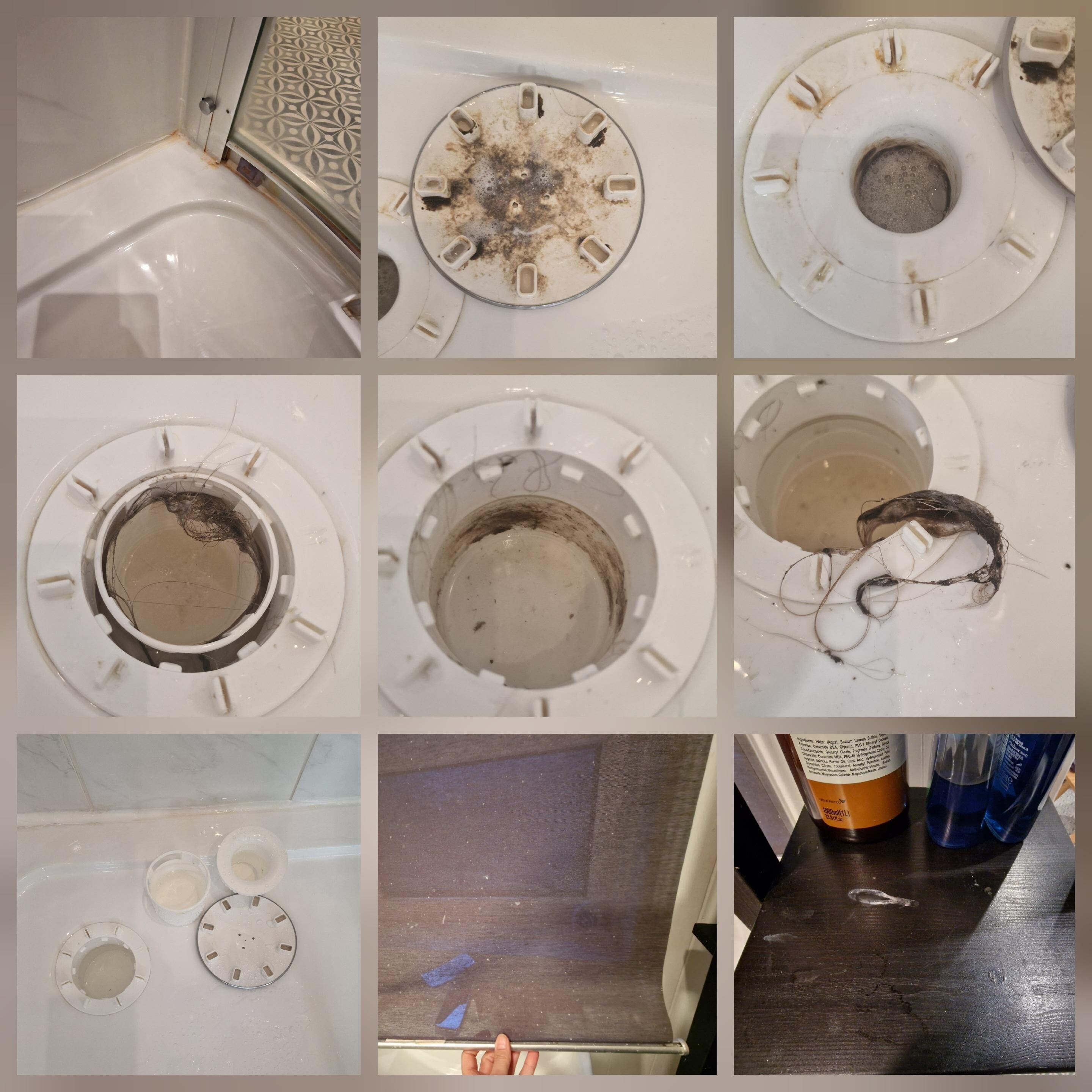Shower didn't drain quickly so I checked if it was blocked. It was just dirty and full of hair. I cleaned it (cleaning is my profession!) Blind covered in toothpaste splatters and toothpaste on the shelves.