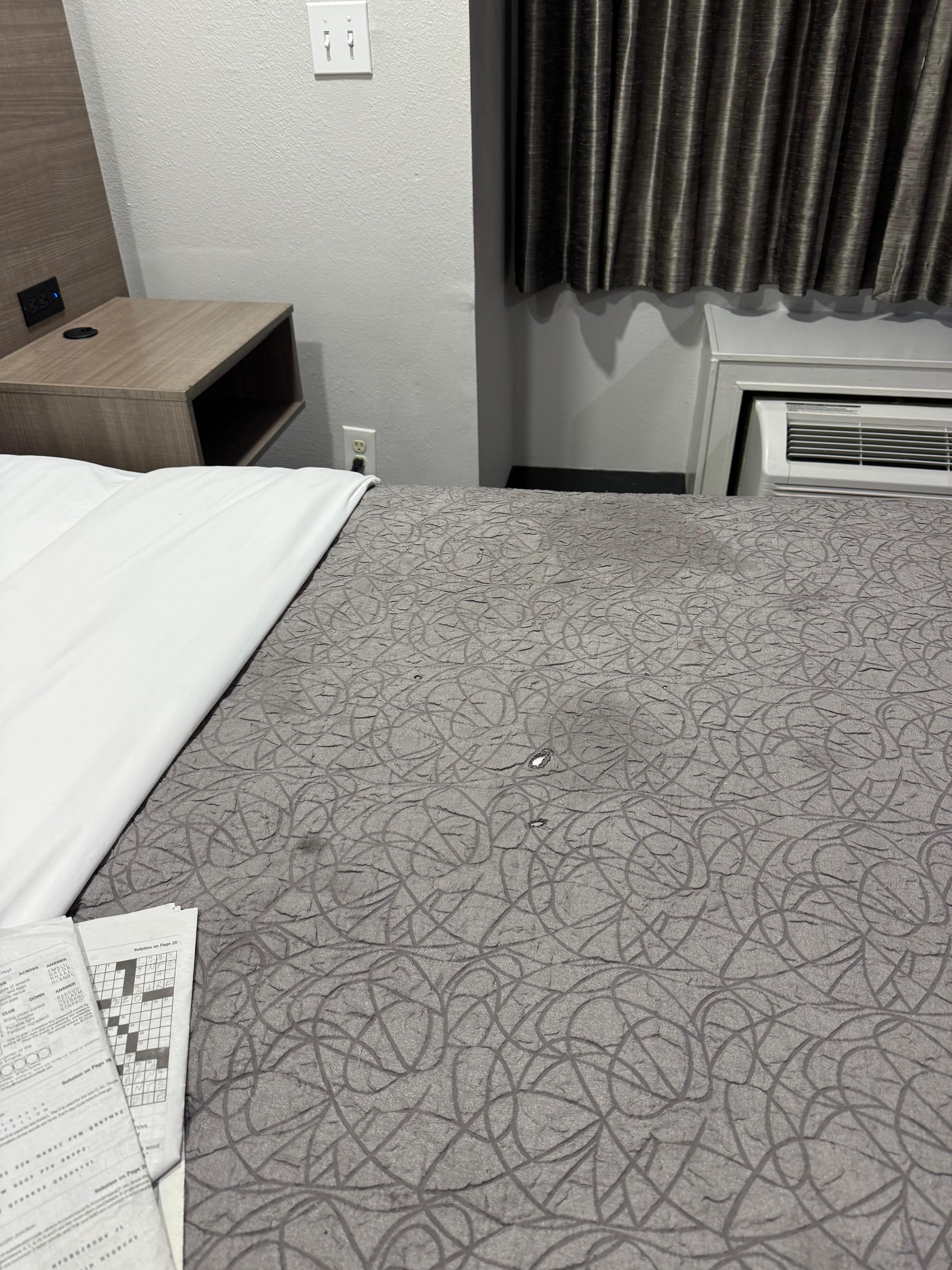 Bedspread with stains and holes. 