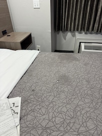 Bedspread with stains and holes.