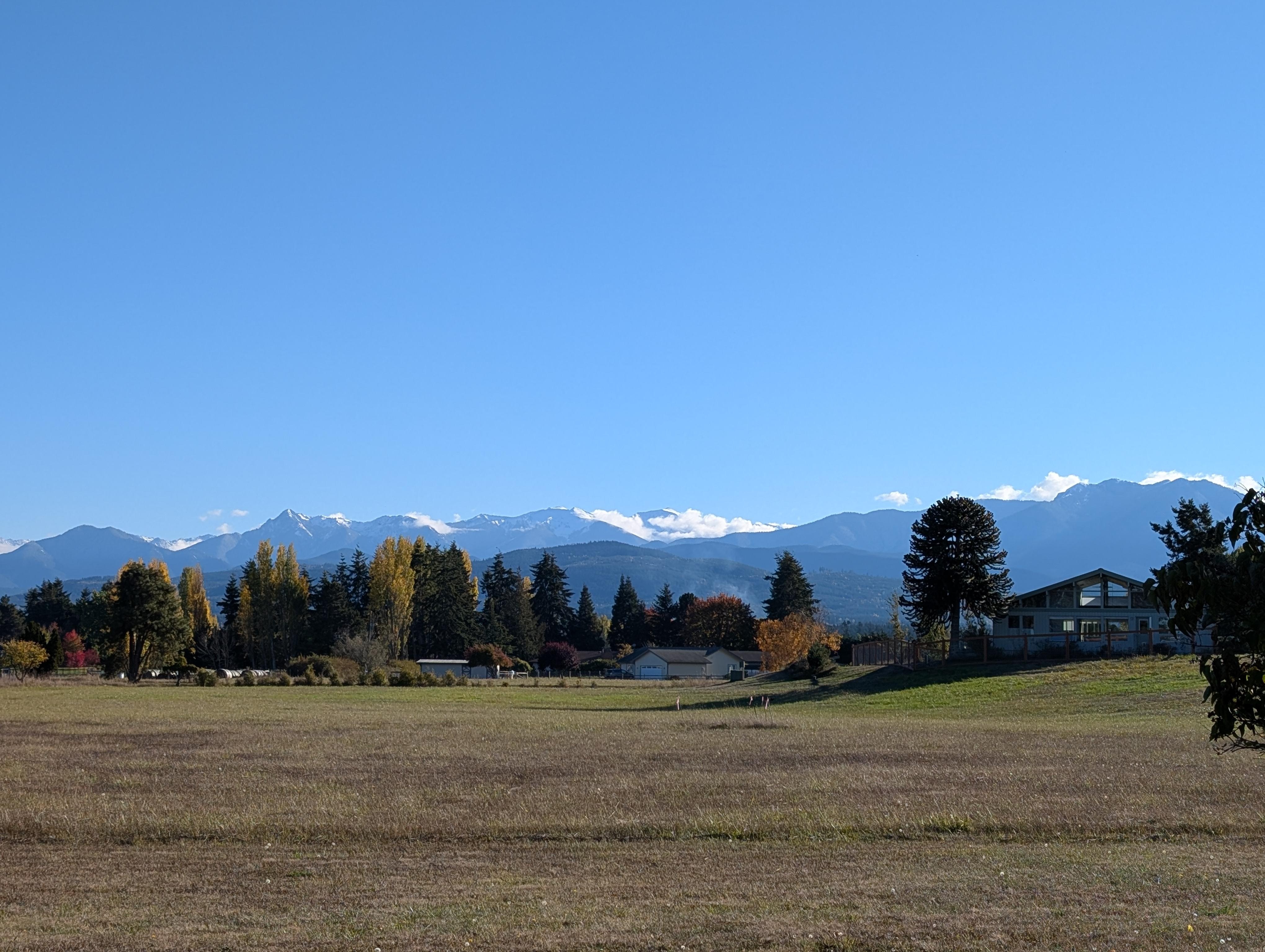 Sweeping views of the Olympics from the property.