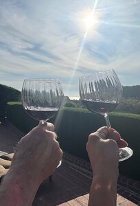 Cheers from the patio and you can see the ocean between the glasses. 🍷🍷
