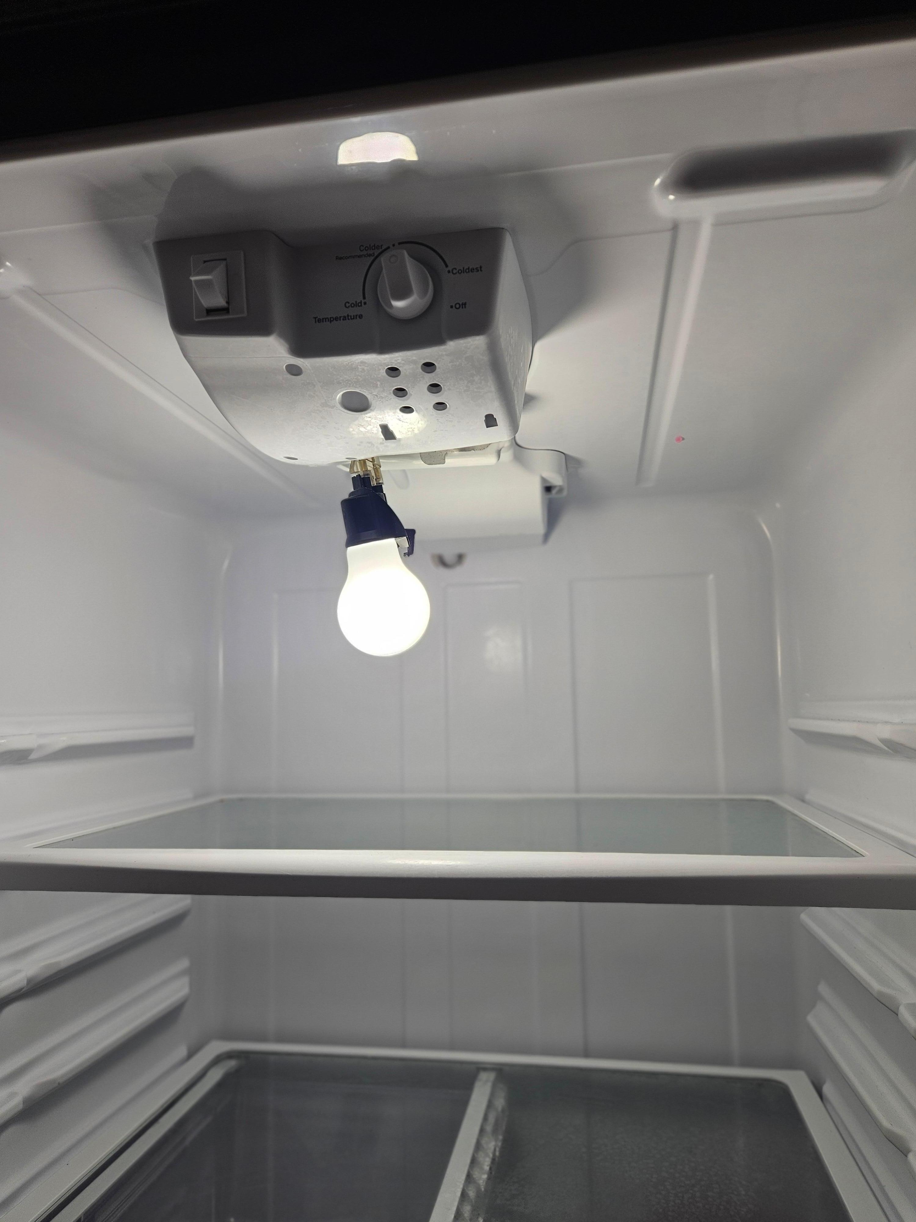 Inside the refrigerator, not sure why this light bulb was just hanging in it.