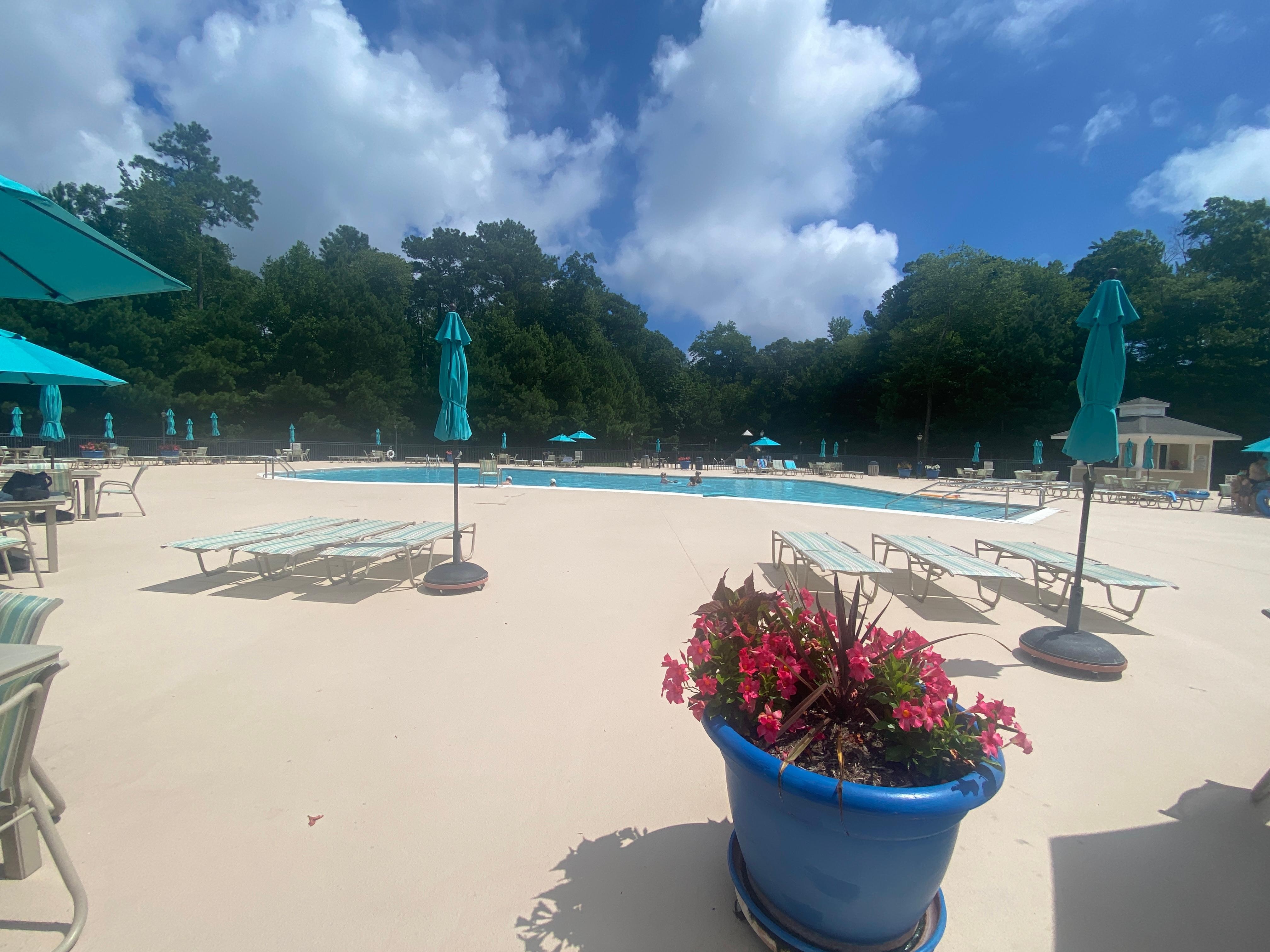 The pool had beautiful flowers in containers, lots of tables with umbrellas and lounge chairs. It is open 10-8