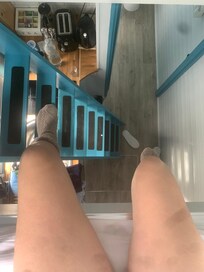 for those wondering about accessibility, this is the view from the top bunk (with the bed). the ladder can be a bit heavy to manoeuvre. two able-bodied adults could get to the top rooms easily but it does require limb strength + mobility