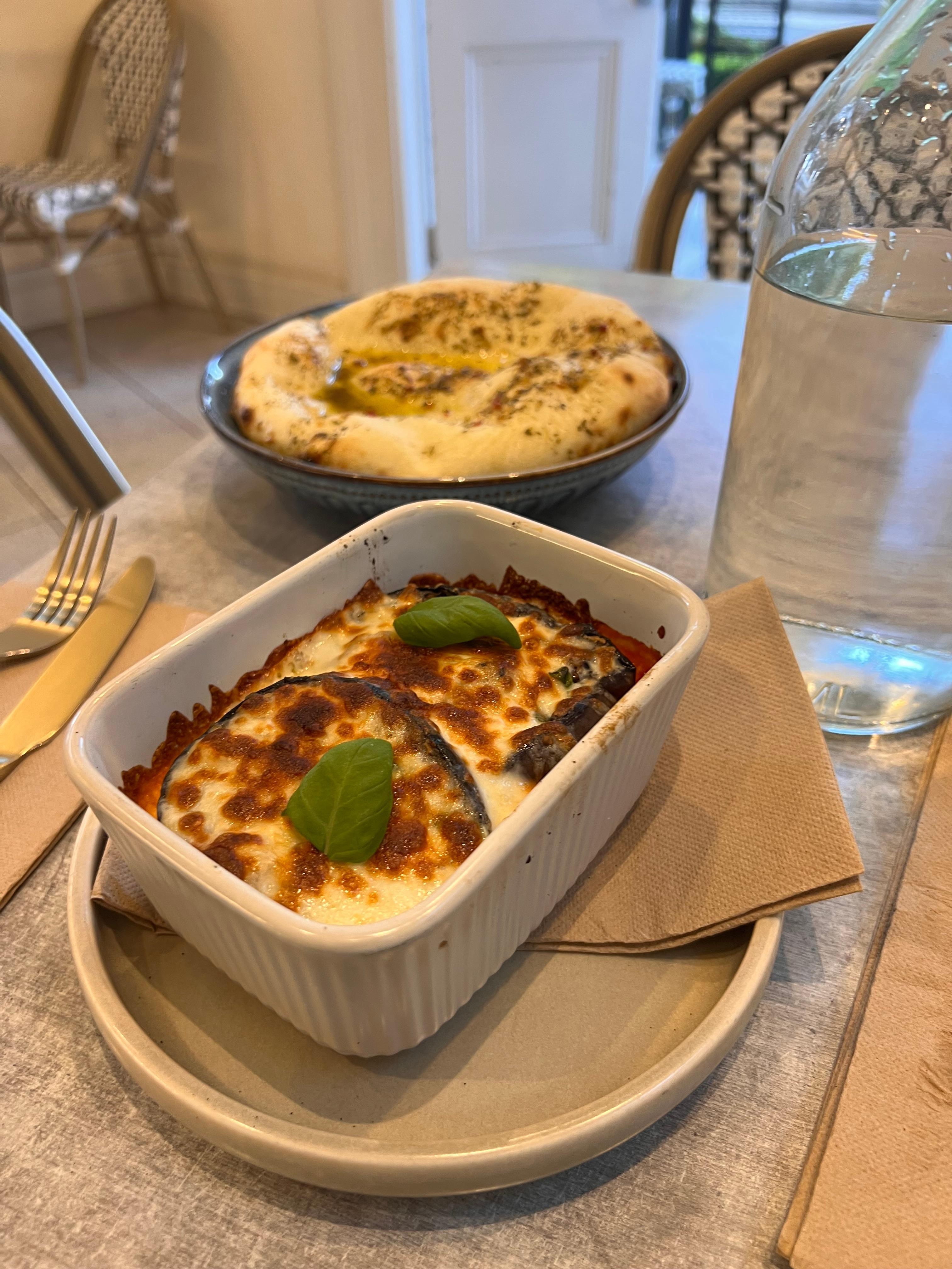 Eggplant Parmesan and garlic bread