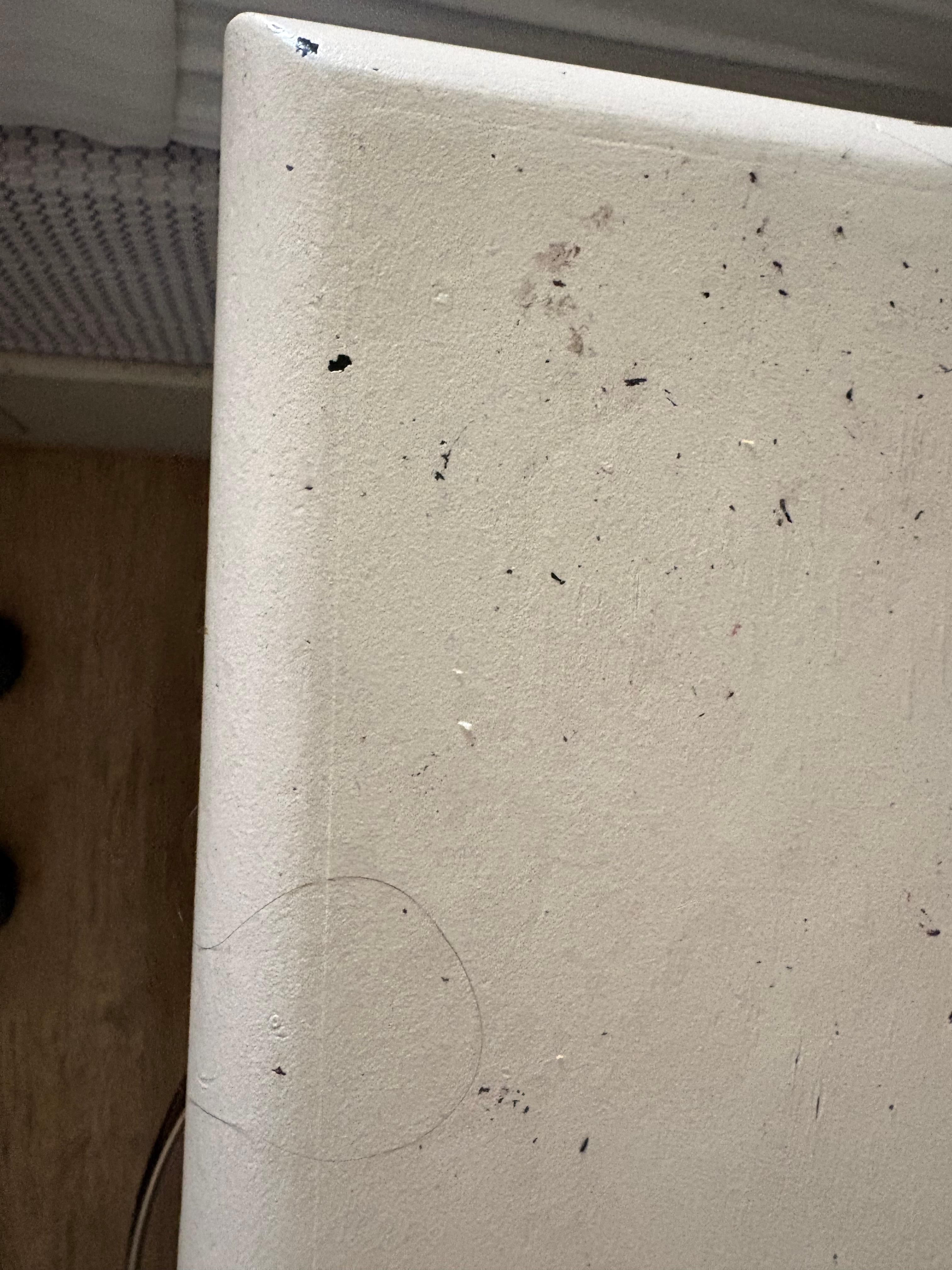 Hair and crumbs on night stand 