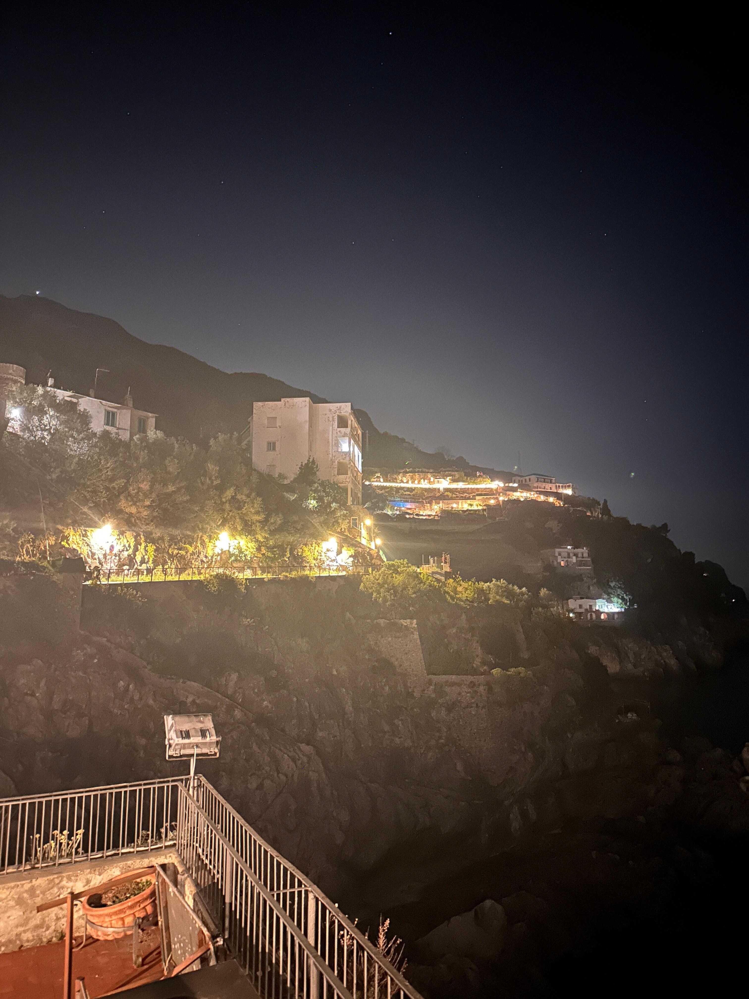 View from the restaurant roof deck at night.