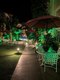 The patio at night.