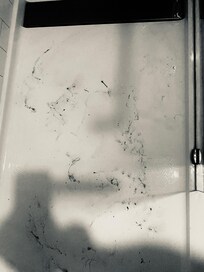 Footprints in the shower from the dirt from waling on the room floor.