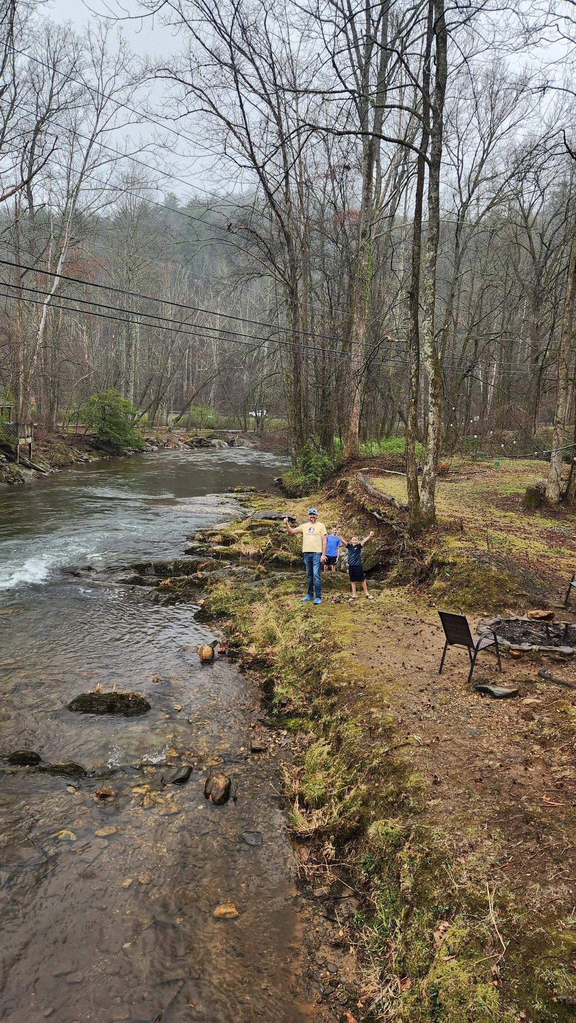 The view from the cabin deck and where my Husband and boys caught trout.