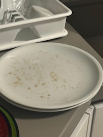 One of 10 dirty plates put away in the cabinets