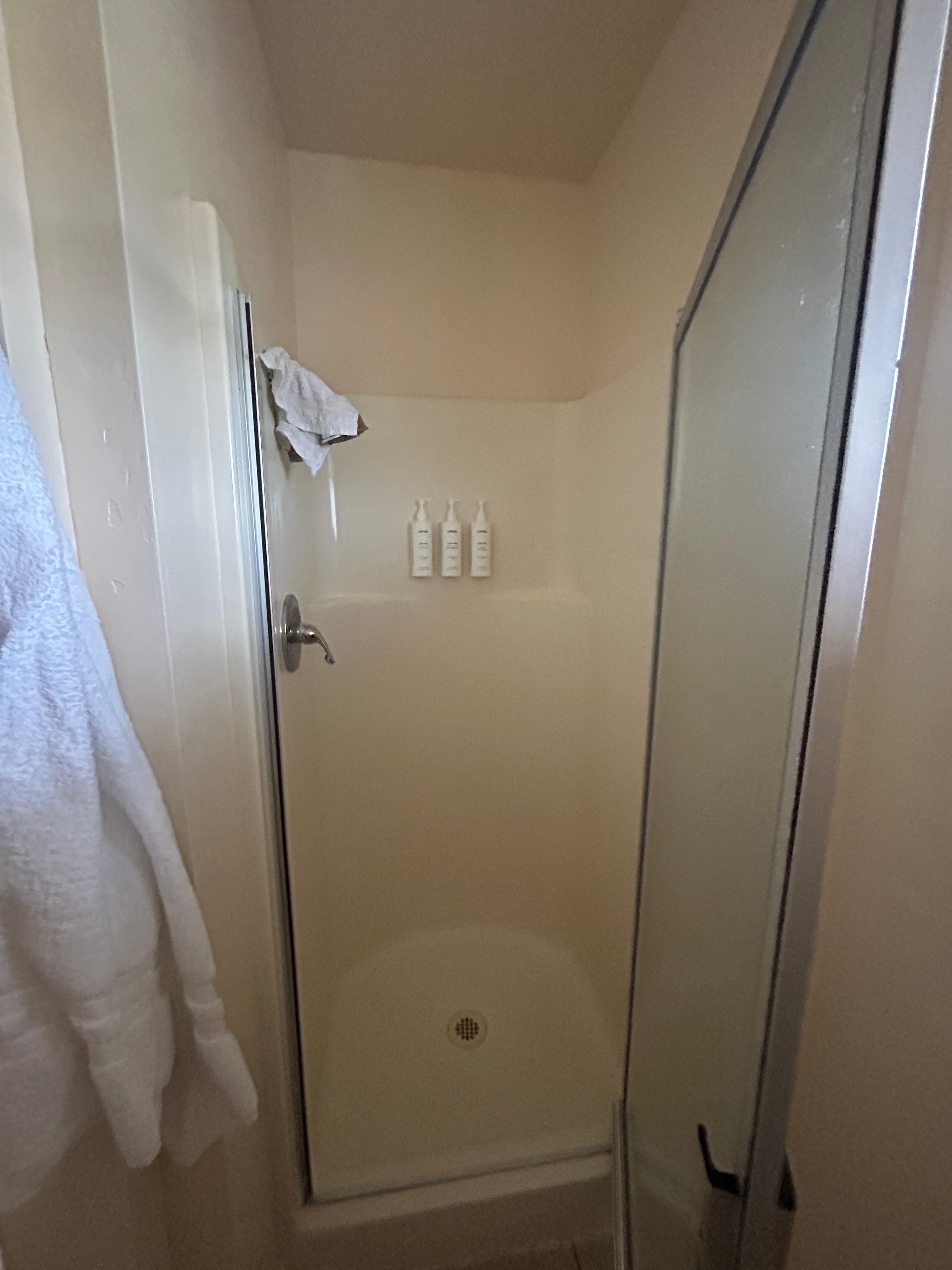 This is the smallest shower n if you are taller than 5 feet tall, change to the Cavalier Hotel.