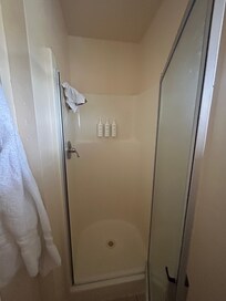 This is the smallest shower n if you are taller than 5 feet tall, change to the Cavalier Hotel.