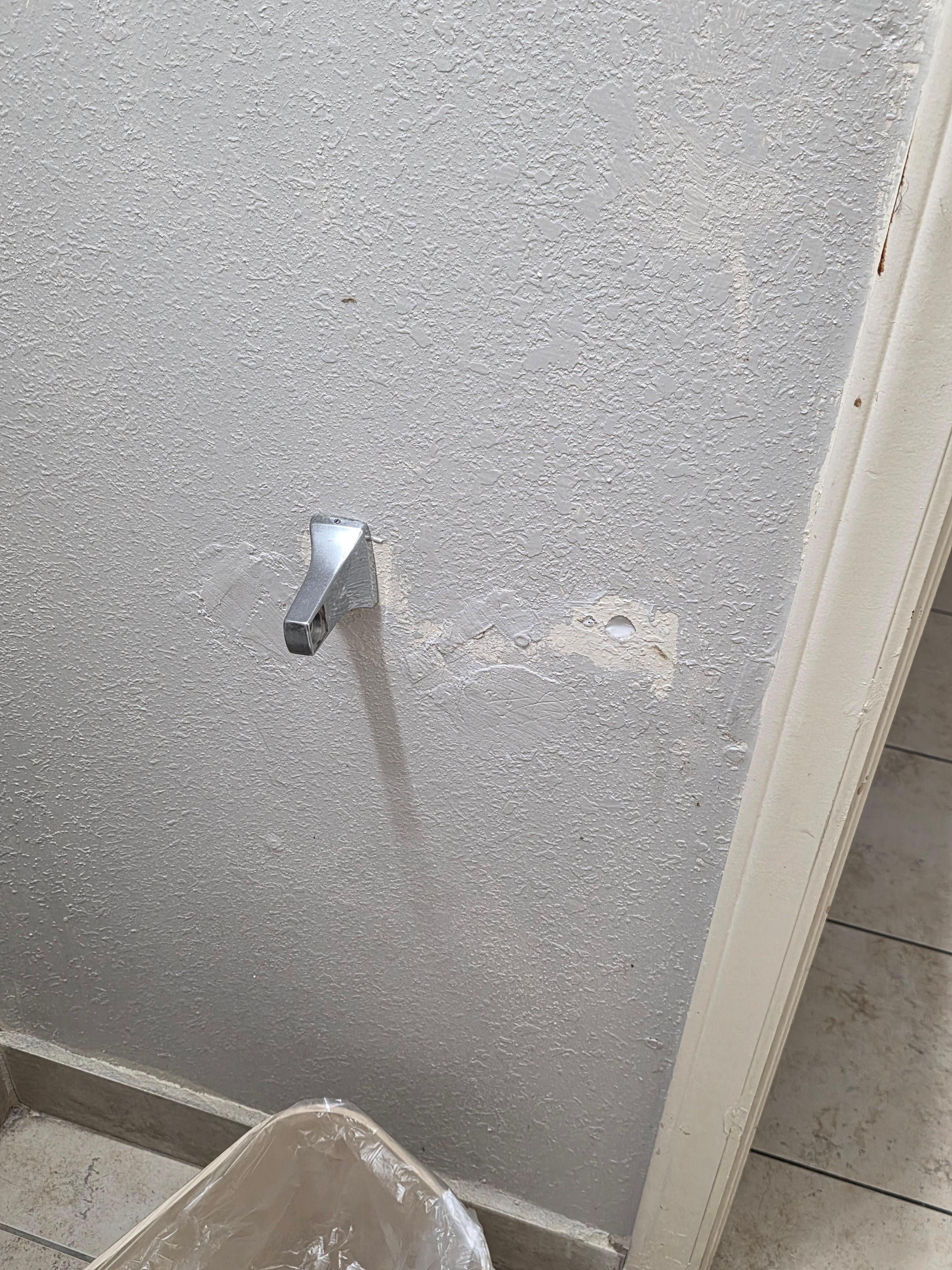 Toilet paper holder was ripped off the wall. 