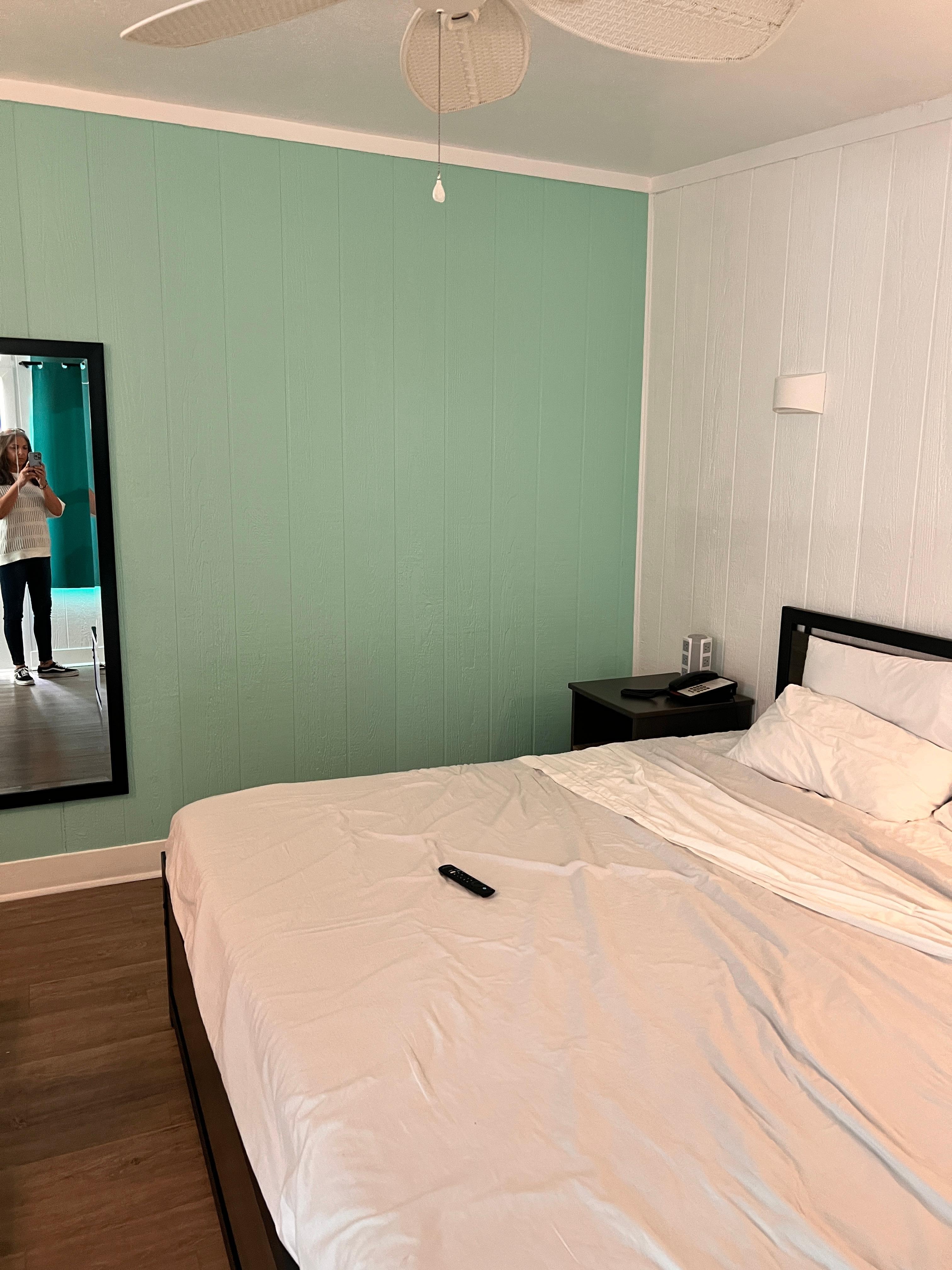 King size bed, lots of plug ins with USB ports beside of bed on nightstand 