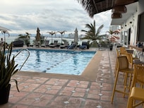The rooftop pool, with a view of the city.