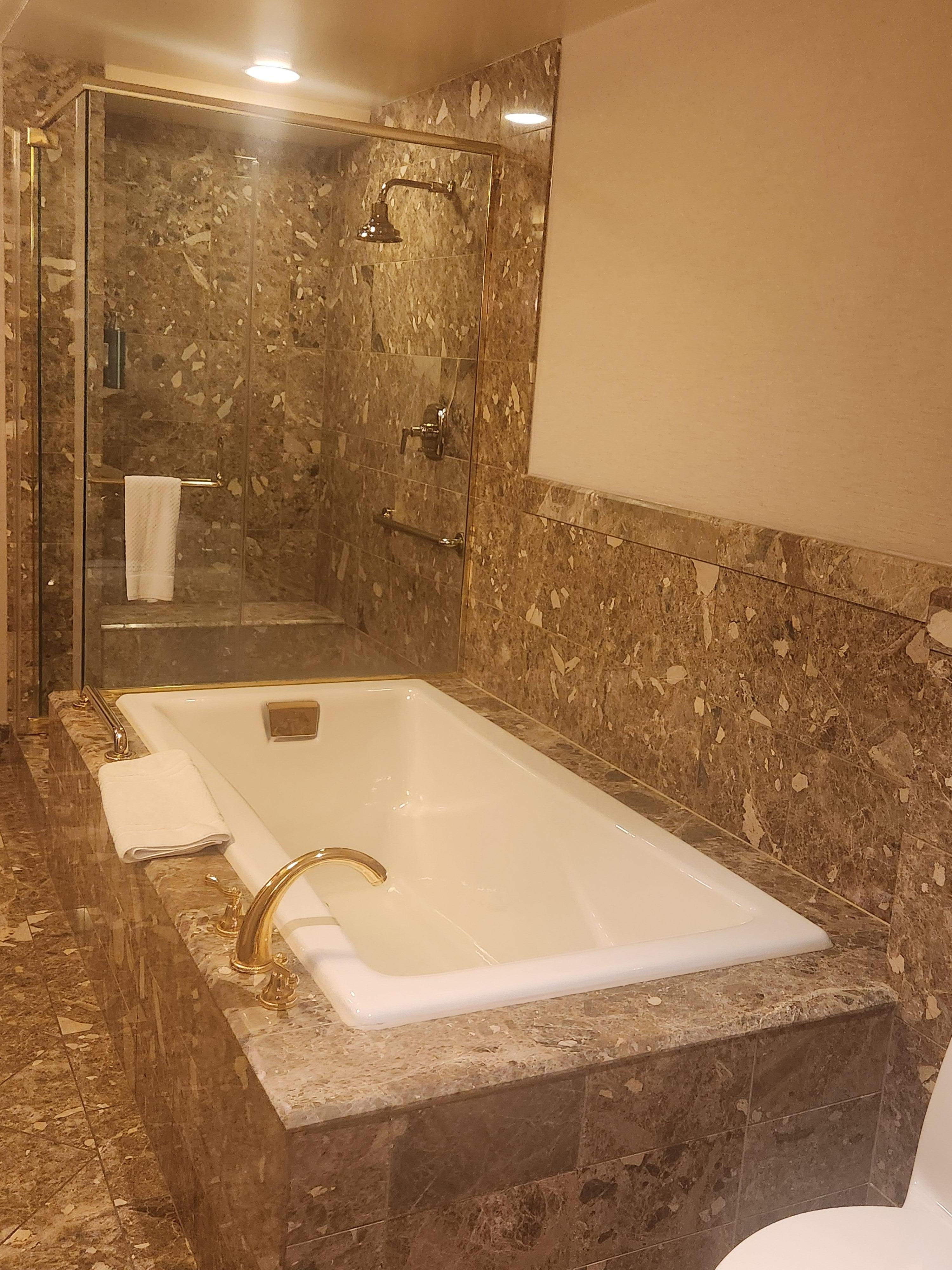 Deep soaker tub and glass shower