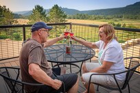 Wine overlooking countryside.