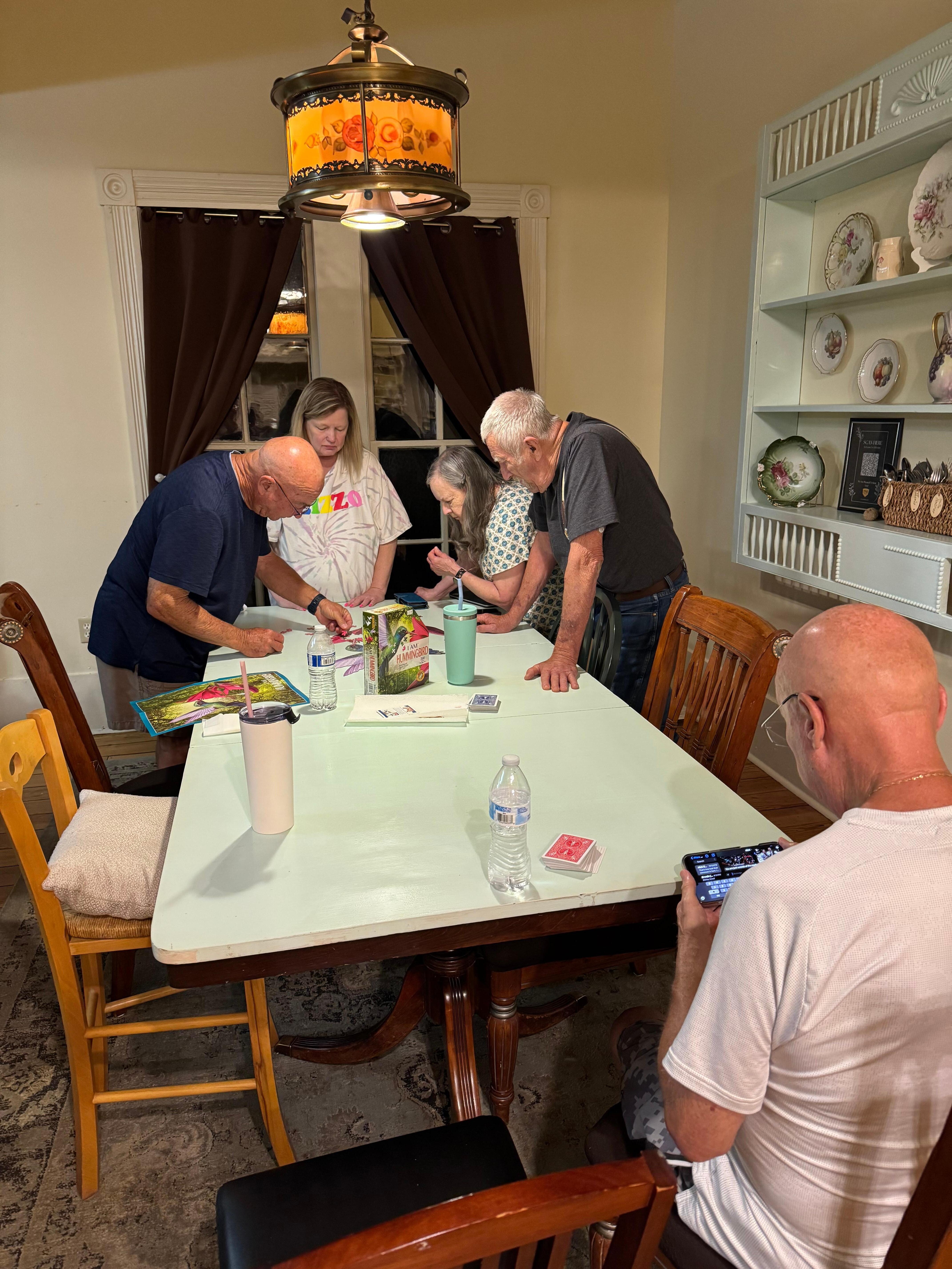 Working a puzzle with very minimal lighting over table.