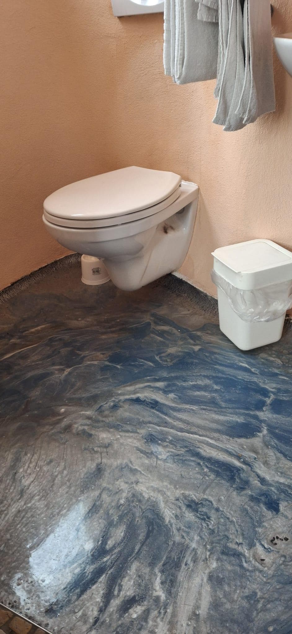 Dreckige Toilette. Am Eimer noch Haare vom Vorgänger