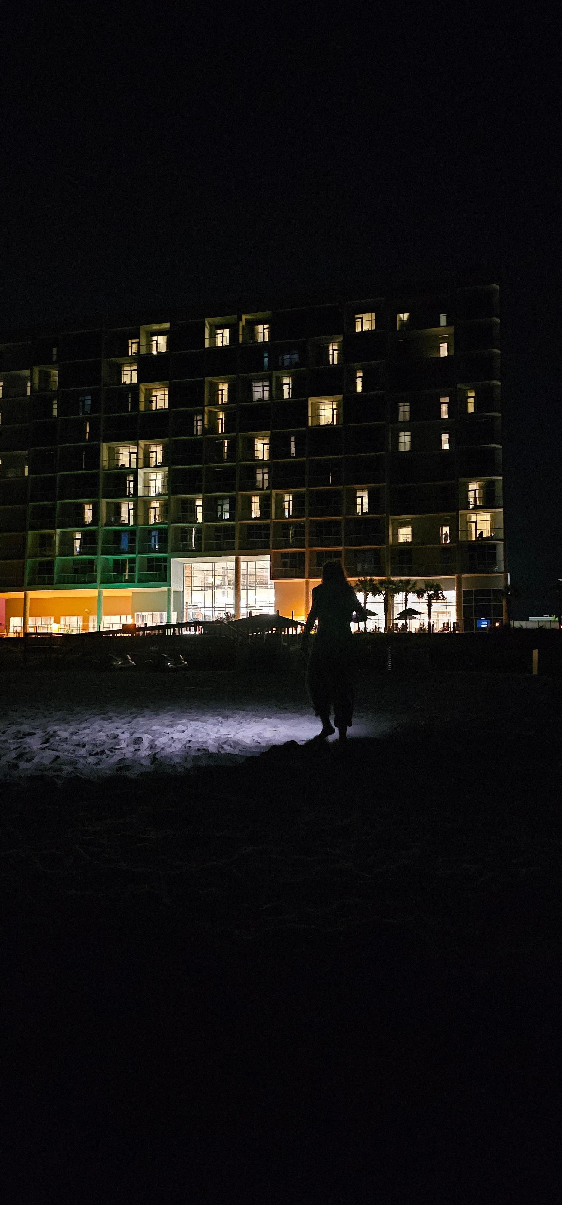Hotel from the beach at night