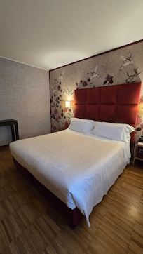 Large (but hard) bed, two pillows on each side, double duvet.