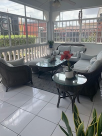 Outdoor seating in the front of hotel