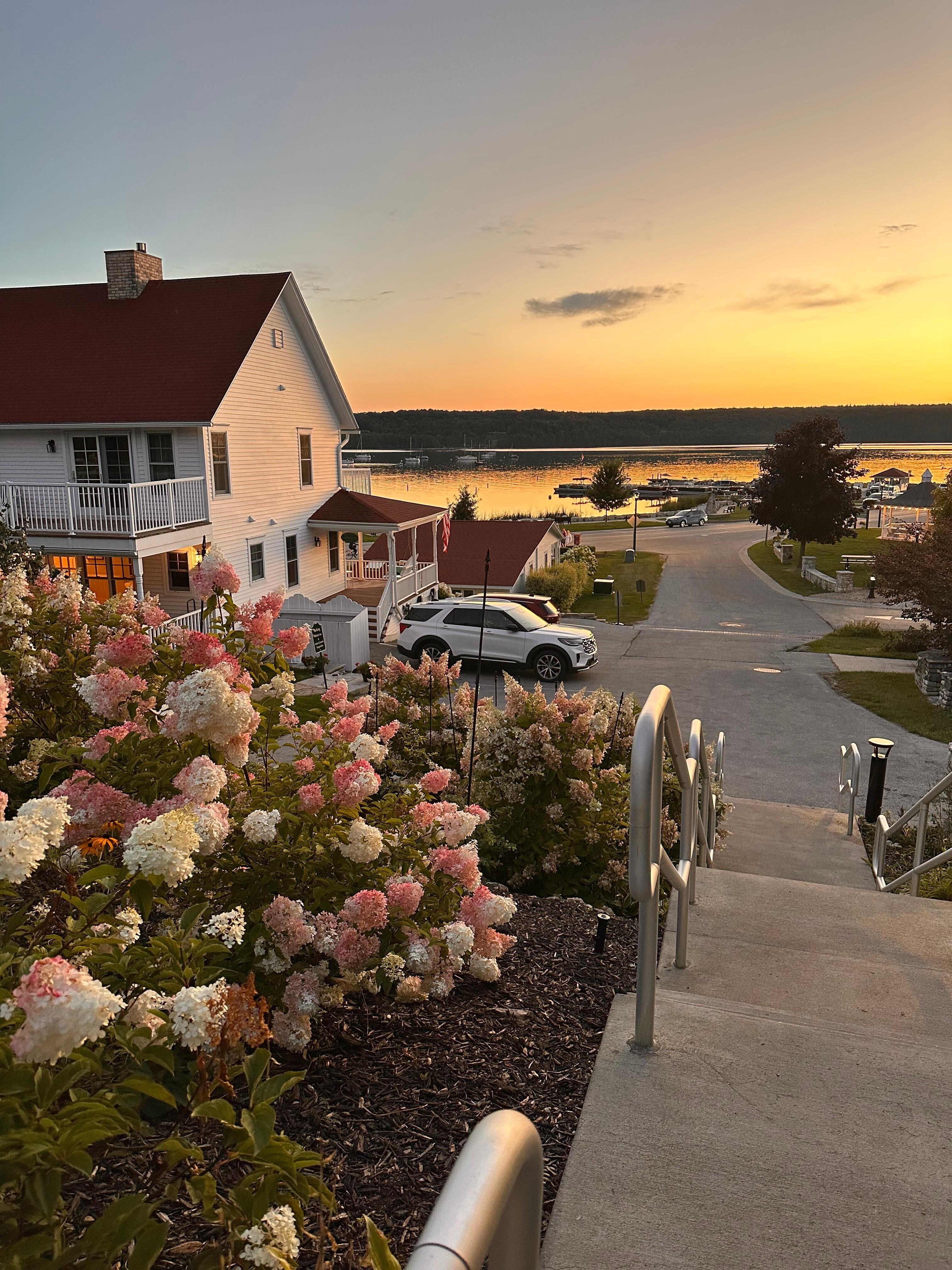 Sunset view from the top of the stairs down to Main Street. There’s even a bench there. 