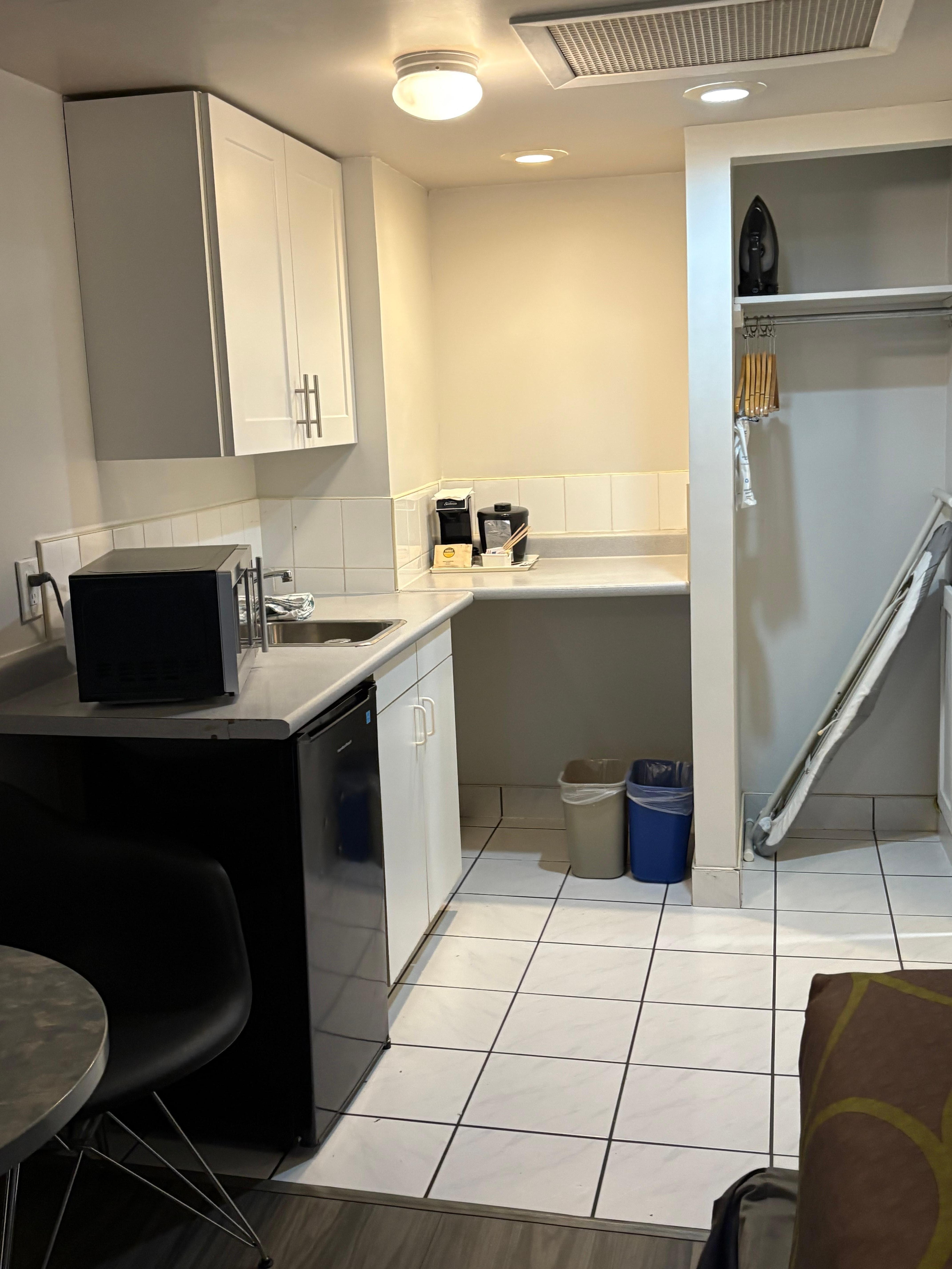 Old cupboards not pictured on Expedia site. Our 9 month old baby was filthy after crawling on floor for a couple of minutes.