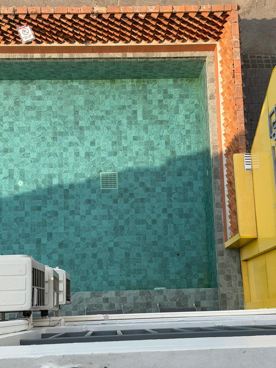 泳池長青苔，過濾系統故障。