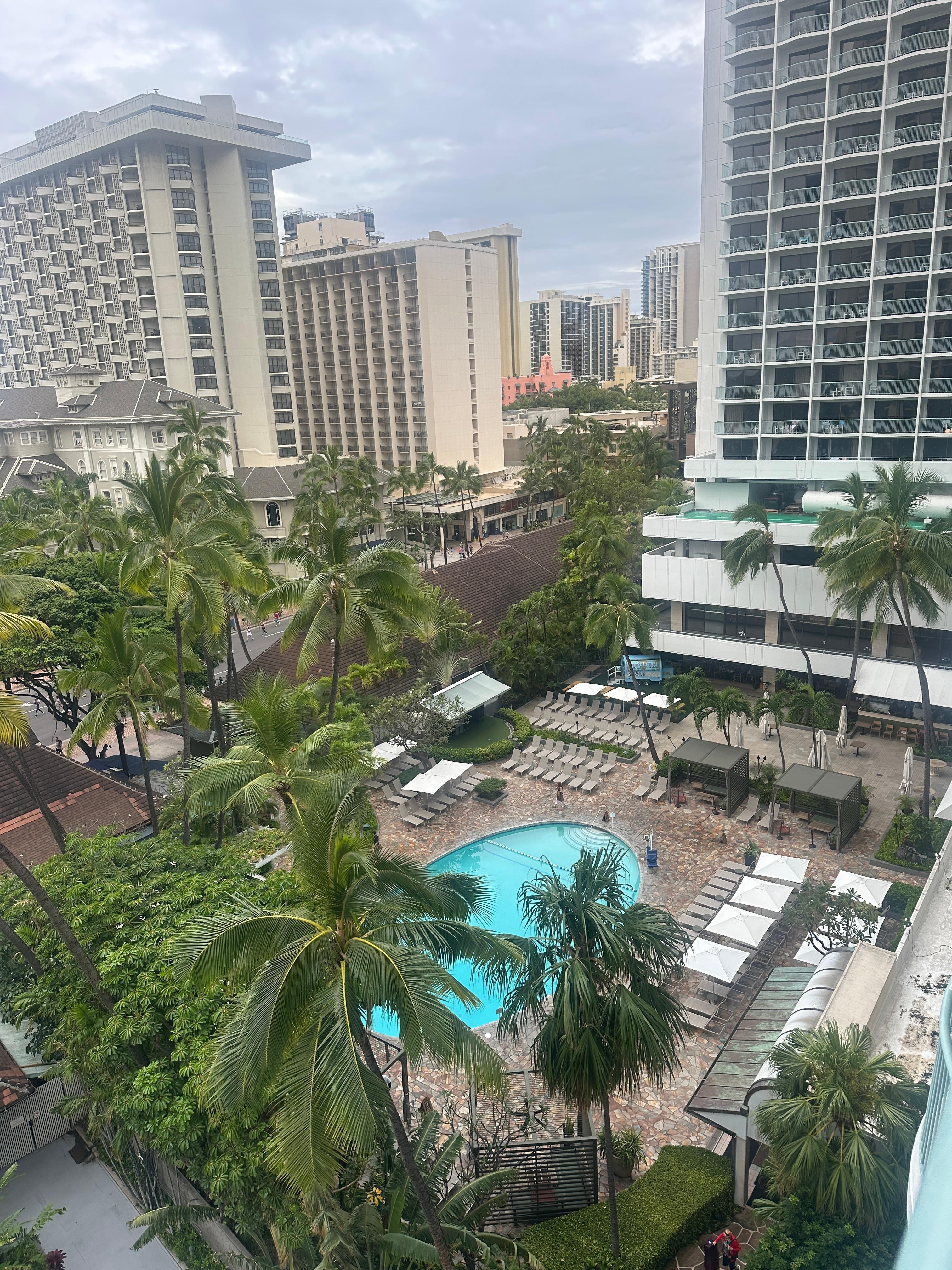 View of the pool and restaurant from my room