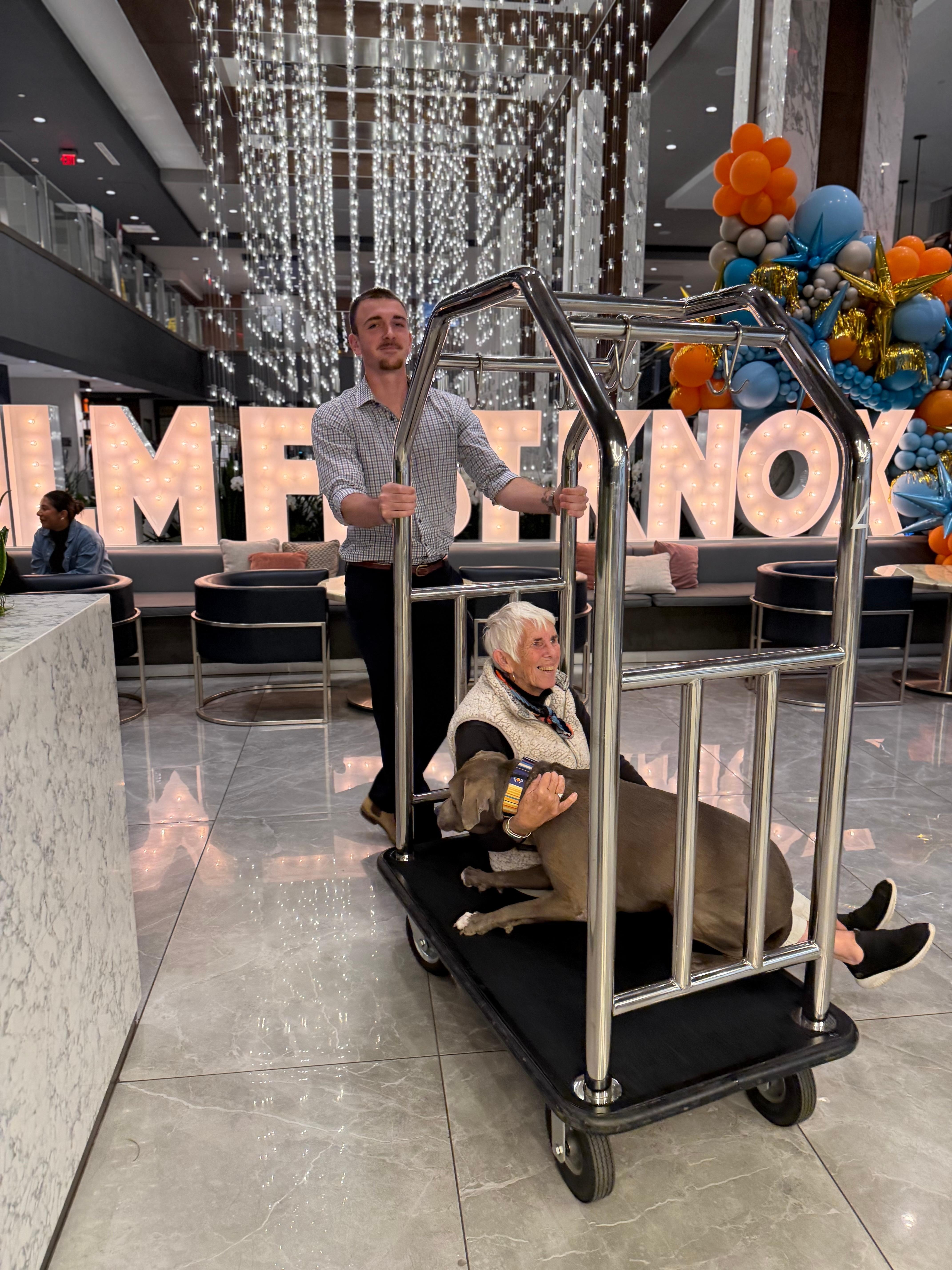 Our dog was afraid of the marble floors so we had to take him up on the baggage cart : ) He got braver and was fine after he warmed up!
