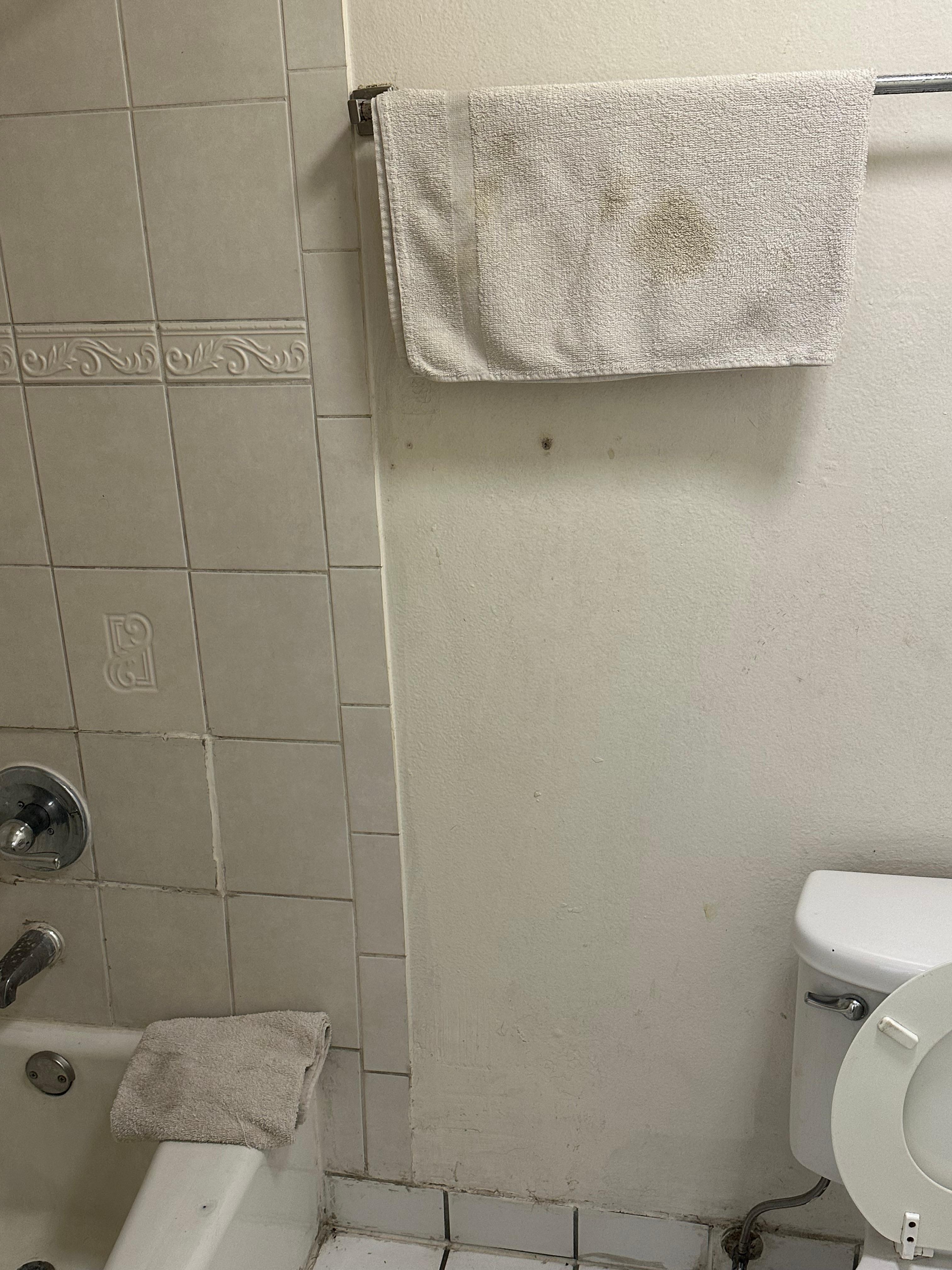 In descriptive grey towels with odd stains