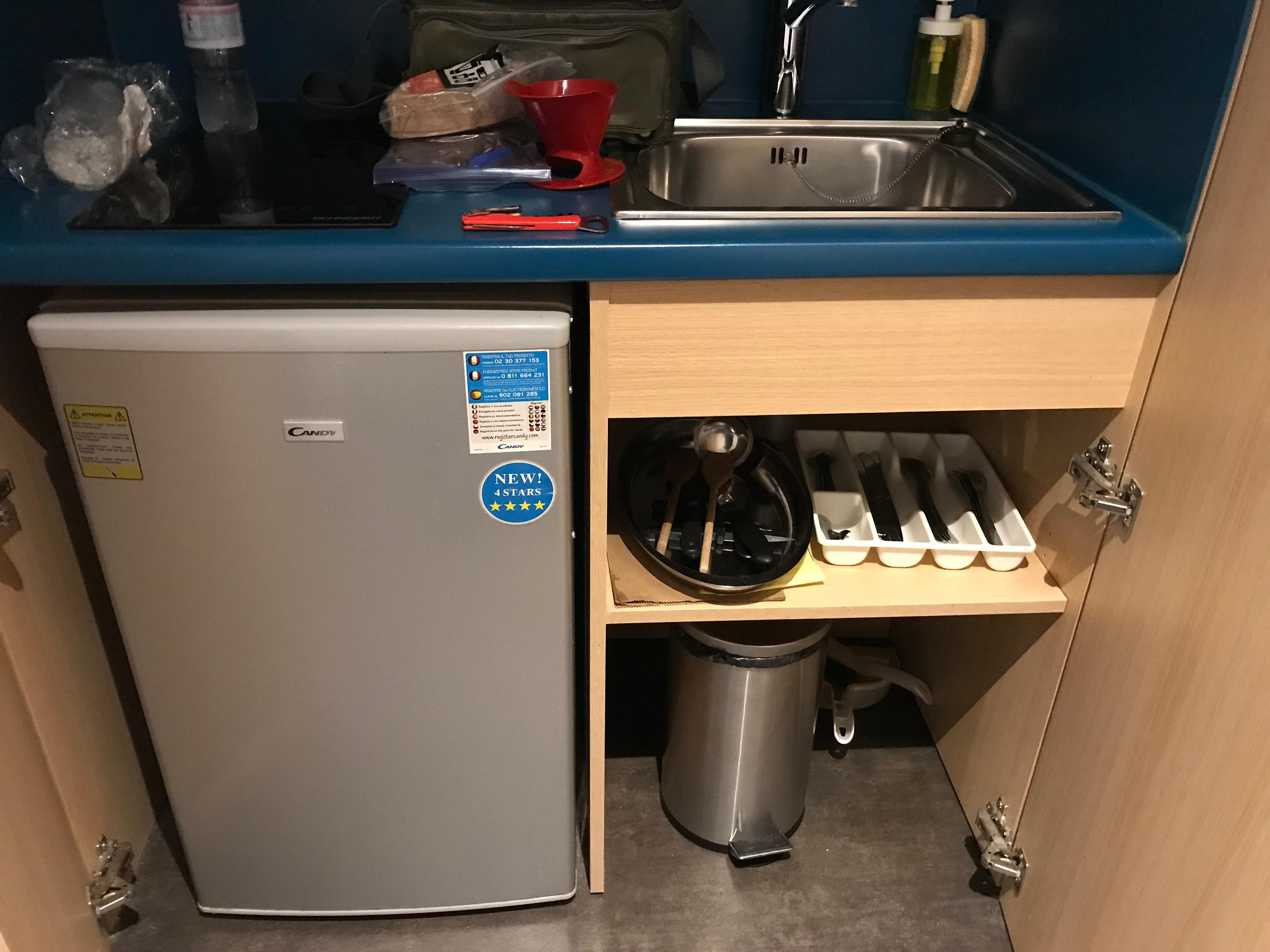 Open a closet and find a small fridge/freezer, kettle, cutlery and garbage can. No ice tray and the property does not provide access to ice