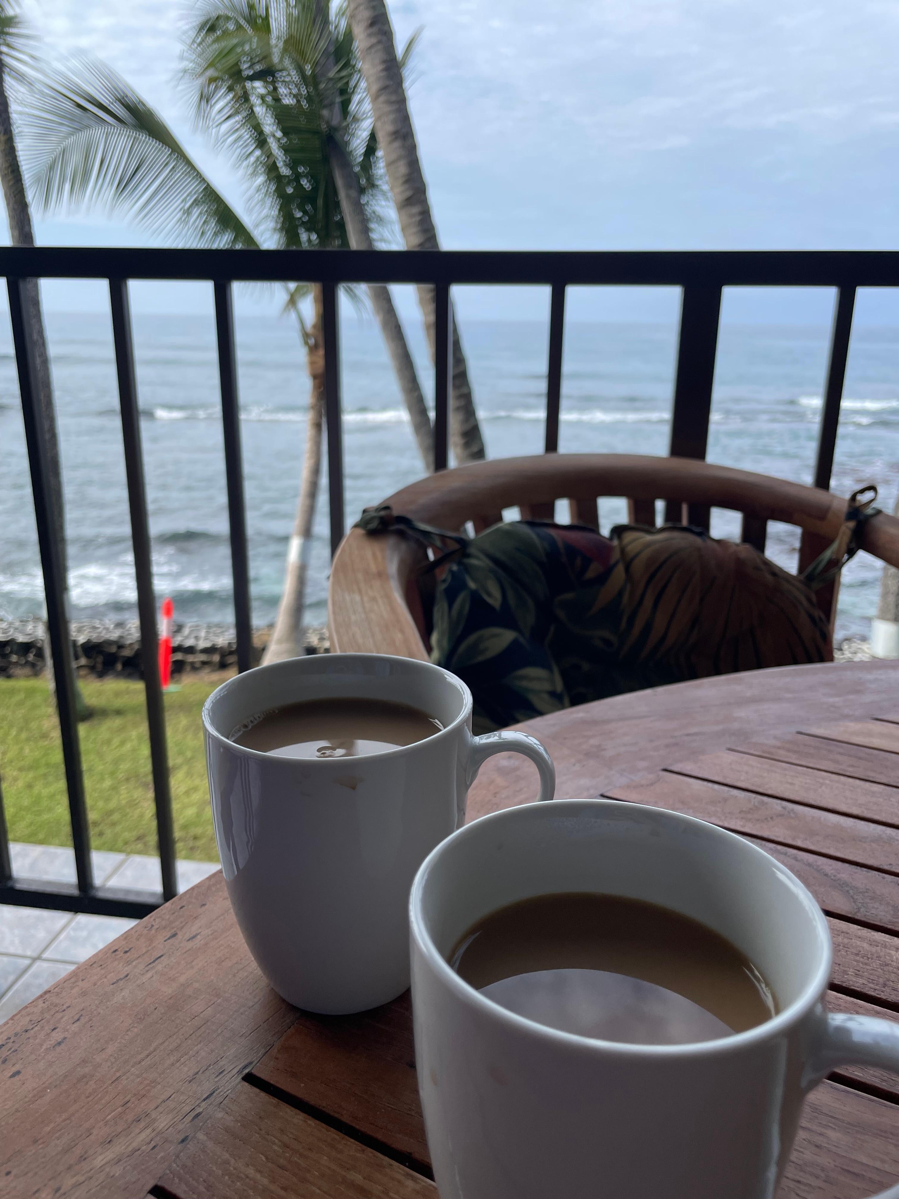Kona coffee every morning on the lanai. The unit had a coffee grinder for the beans we bought at Greenwell Farms.
